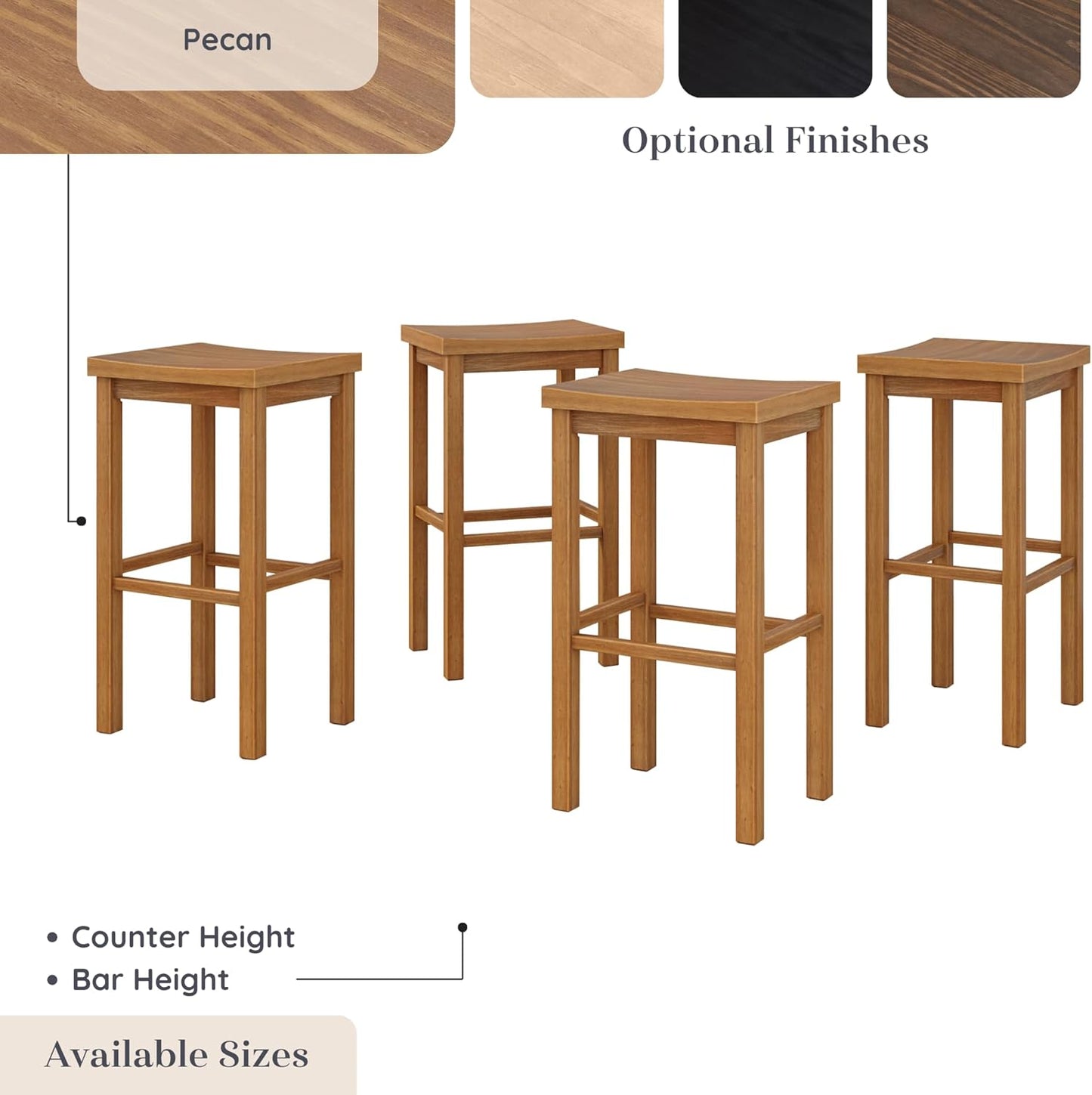 Grain & Grove Smith Collection Set of 4 Solid Wood Bar Stools, 30 inch Saddle-Seat Bar Chairs, Backless, Heavy-Duty Construction, Footrest Support, for Kitchen Islands, Home Bars, and Counters, Pecan