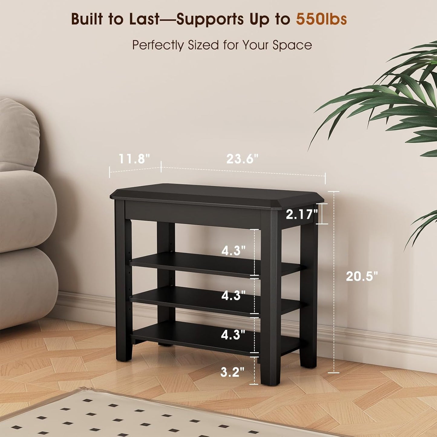 Shoe Rack Bench Seat Rubberwood 3-Tier Wooden Storage Bench 550lbs Compact Mid-Century Modern Design for Entryway, Hallway, Closet, Front Door Entrance, Foyer