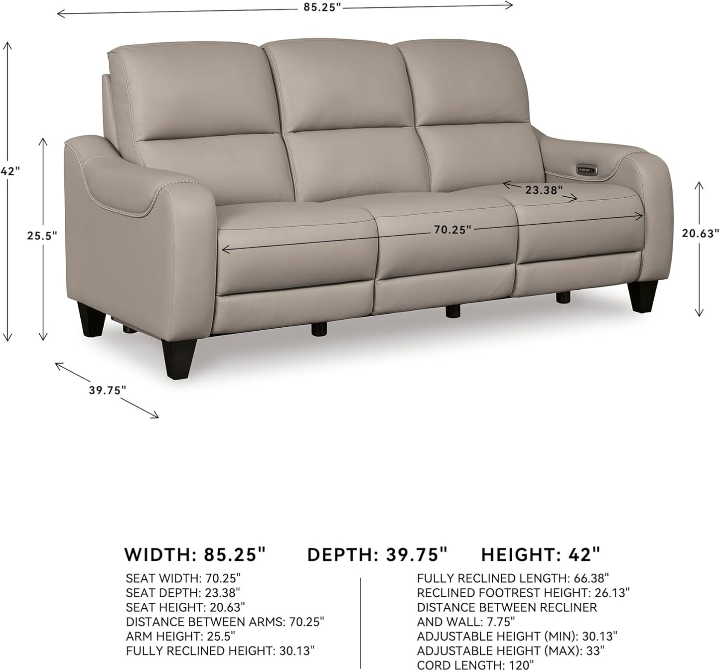 Signature Design by Ashley Mercomatic Casual Leather Match Wall Hugger Power Reclining Sofa with Adjustable Headrest and USB Ports, Light Gray