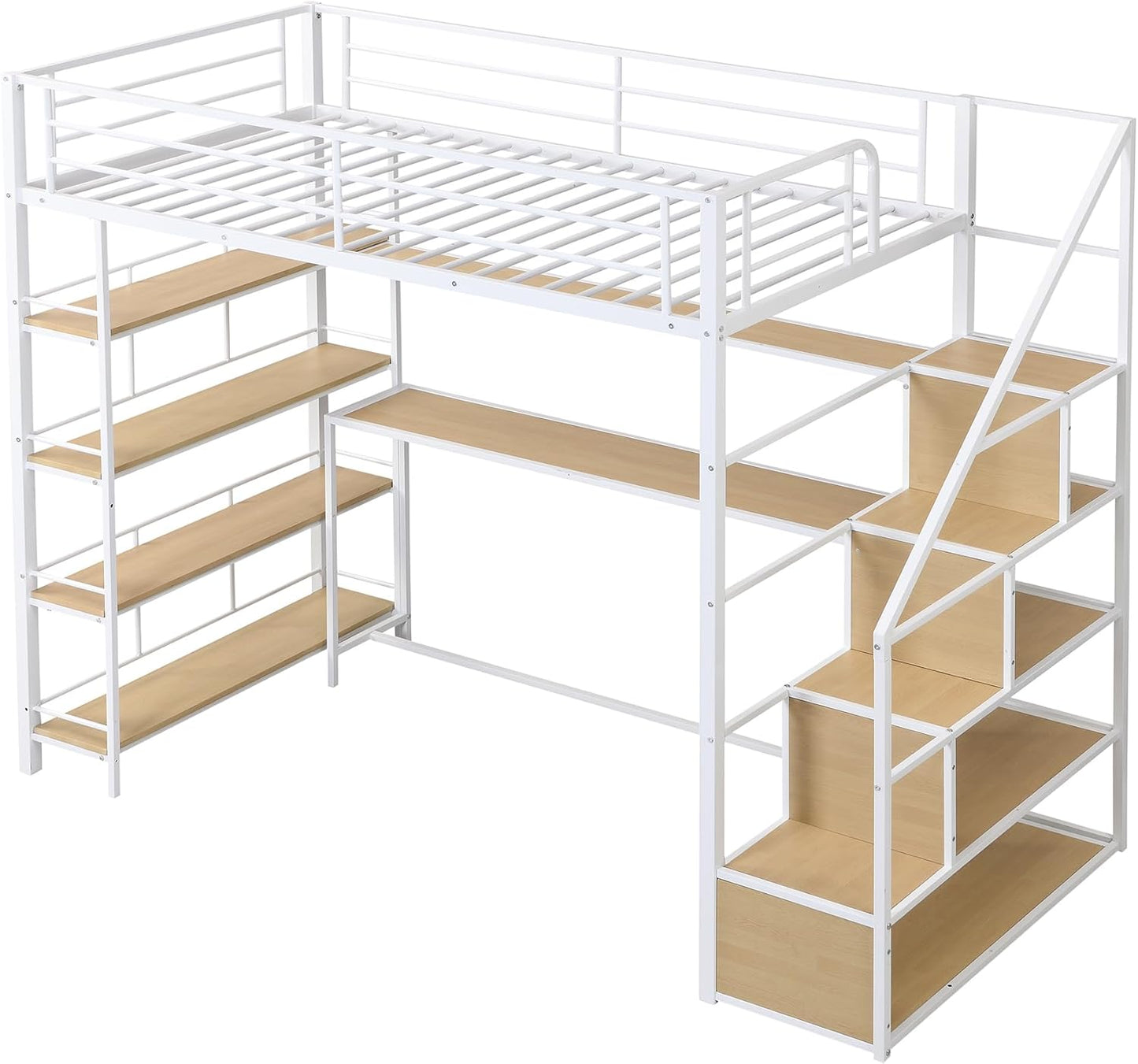 Twin Size Metal Loft Bed with Staircase,Full-Length Guardrails,a Built-in Desk and a 3-Tier Shelf,No Box Spring Needed,Noise Free,for Juniors&Adults,White