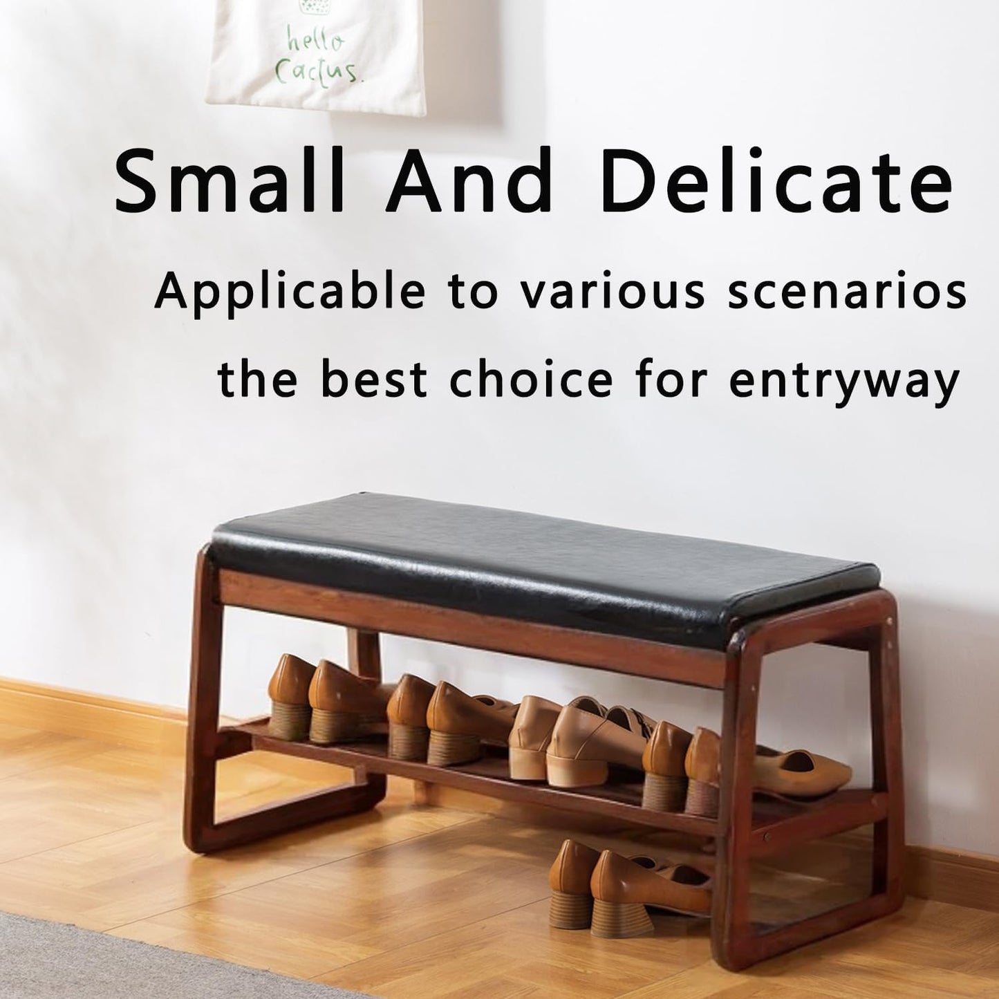 latifolia Solid Wood Bench, Entryway Shoe Bench with Cushion, 2 Tier Shoe Storage Organizer for Hallway, Living Room(Black,31.50''L)