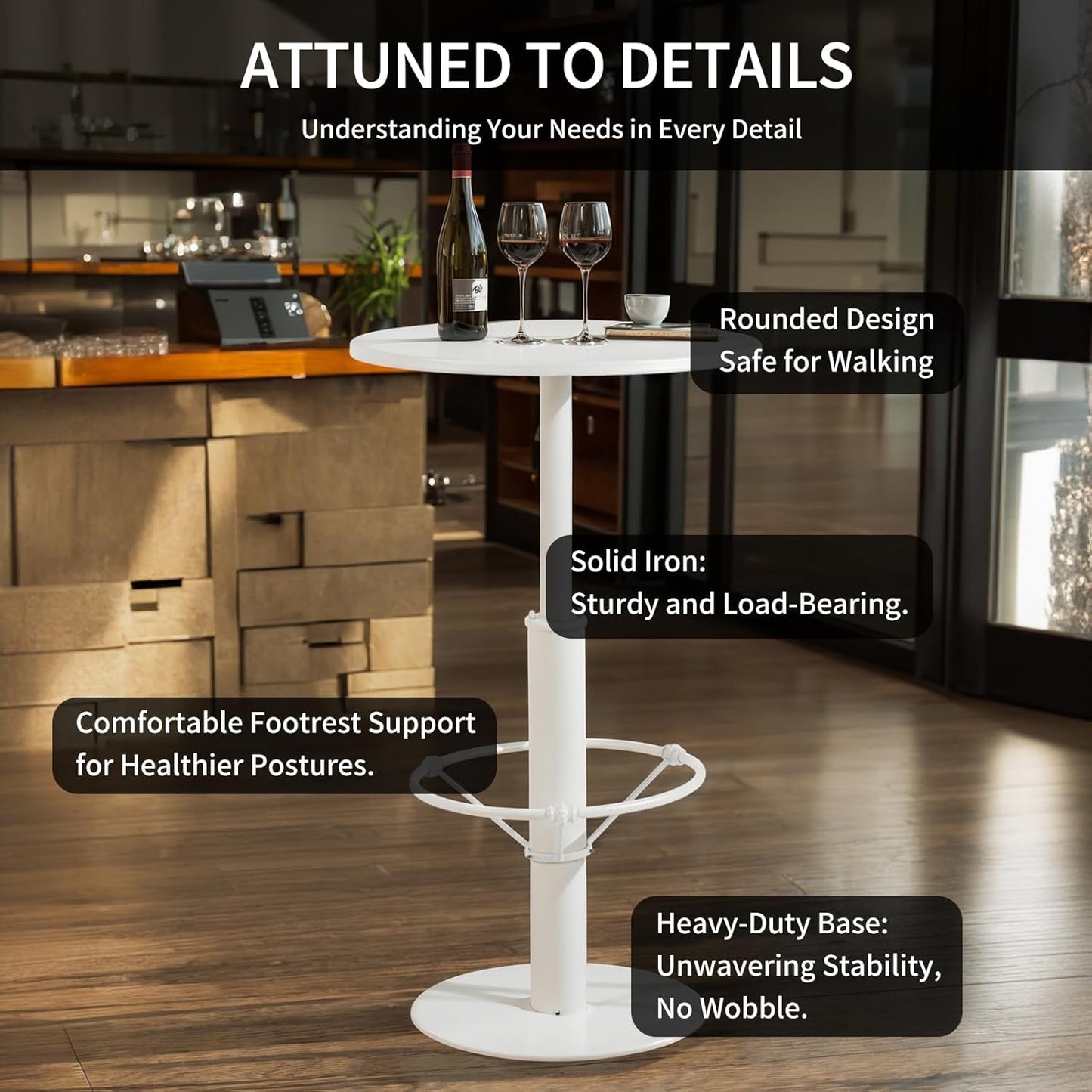 42" Tall Modern Industrial Bar Table-23.6" Dia Round Metal Top Standing Pub Cocktail Bistro Table-Indoor Outdoor Patio-Commercial Grade, Heavy Duty (White)