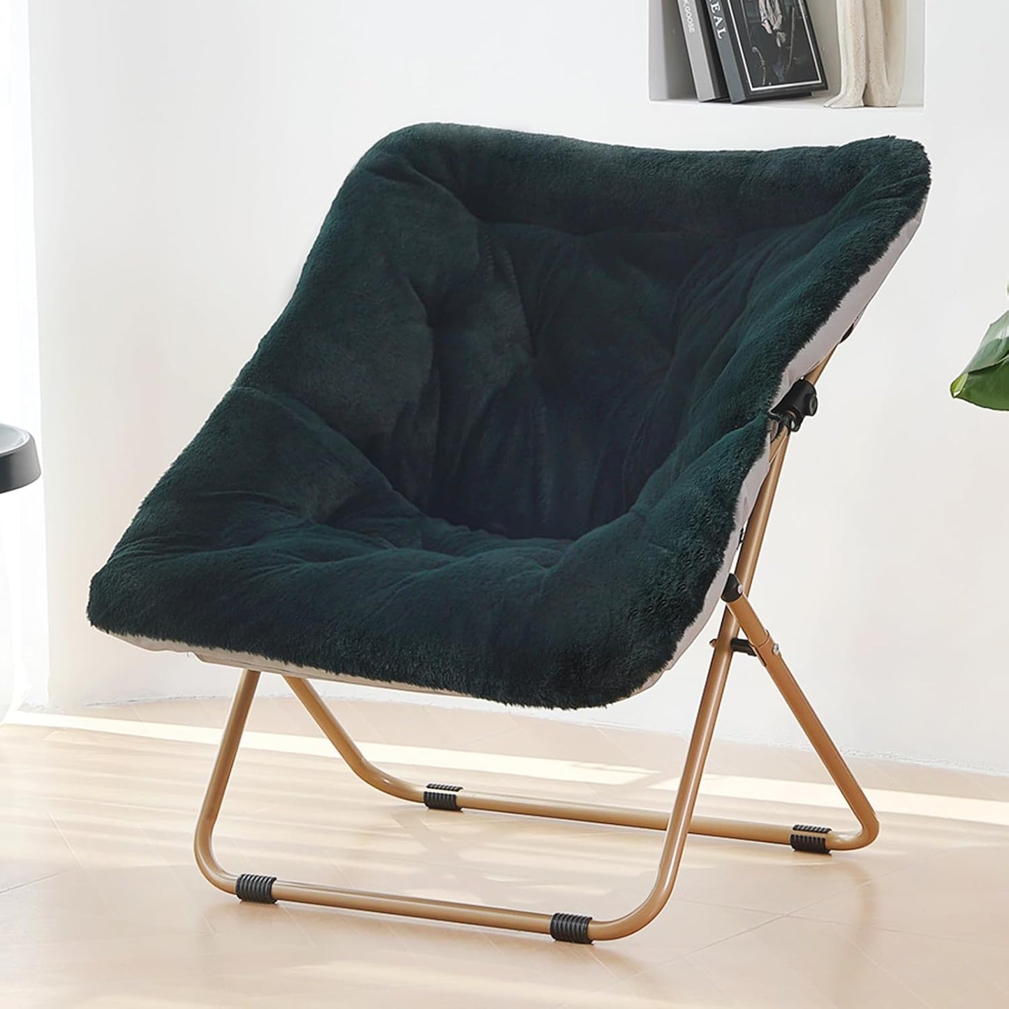 Saucer Chair, Comfy Bedroom Chairs, Oversized Folding Faux Fur Chair, Foldable Metal Frame Chair for Bedroom, Living Room, Balcony, Patio, Study, Playroom (Dark Green)