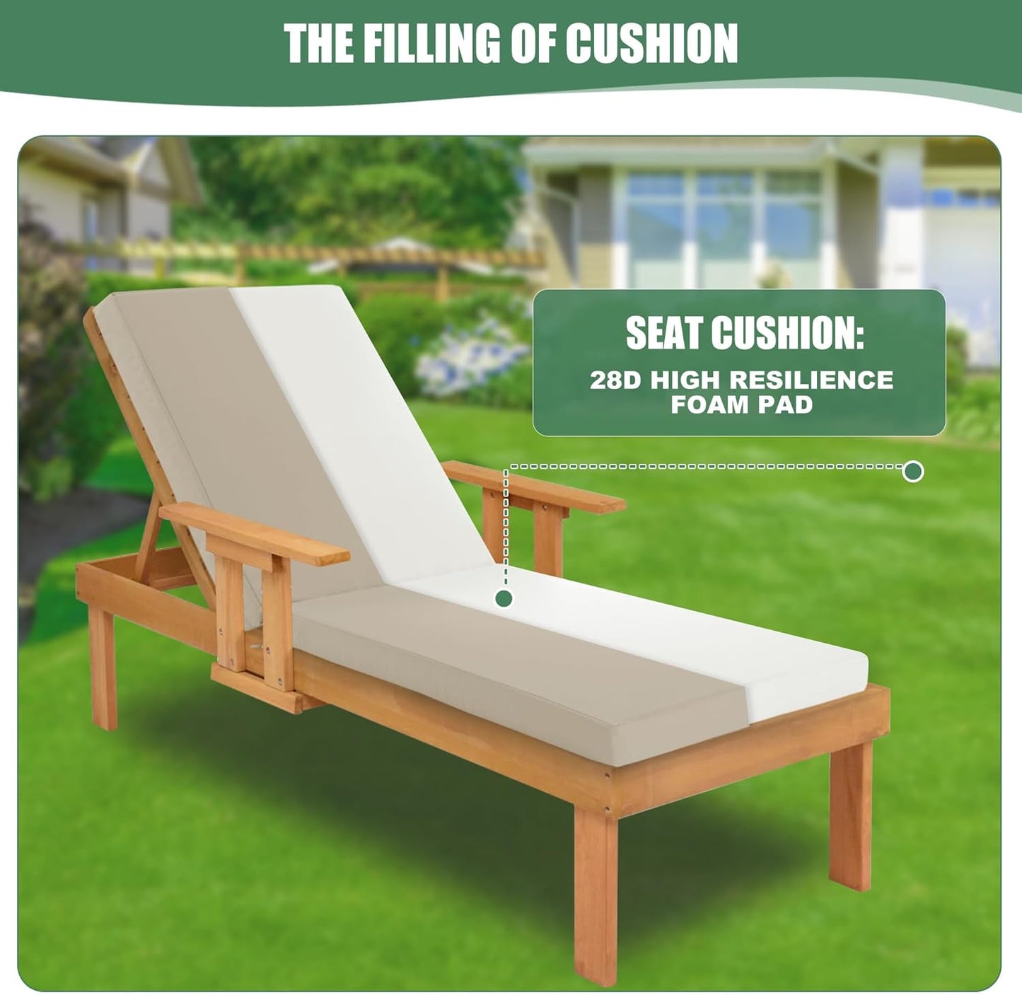 Chaise Lounge Cushions Outdoor Set of 2 - Waterproof and Fade Resistant Sun Lounger Replacement Cushion - Patio Lounger Pads with Removable Cover for Pool, Deck, Lawn, 72 x 21 x 3 Inch, Cream