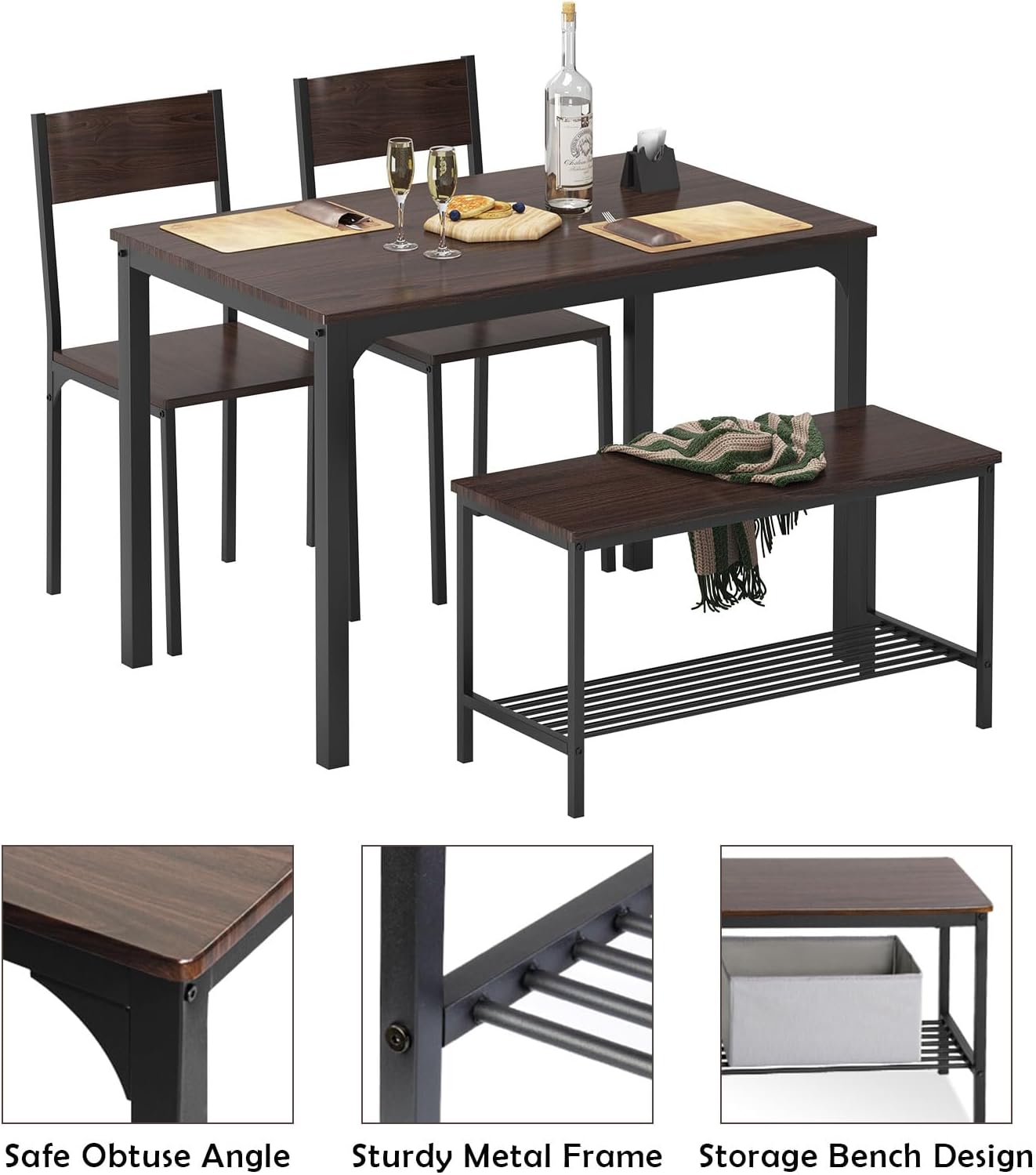 soges 4-Piece Dining Table Set with Bench - 4 Person Kitchen Table and 2 Chairs for Small Spaces, Apartment - Metal Frame & Woodgrain Tabletop, Space-Saving Design, Durable & Easy to Clean, Dark Oak