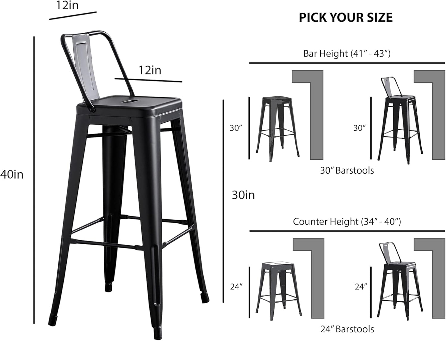 AC Pacific 30” Metal Barstool Set of 4 – Country Rustic Style with Low Back, Lightweight & Sturdy Build, Easy Assembly – Matte Black