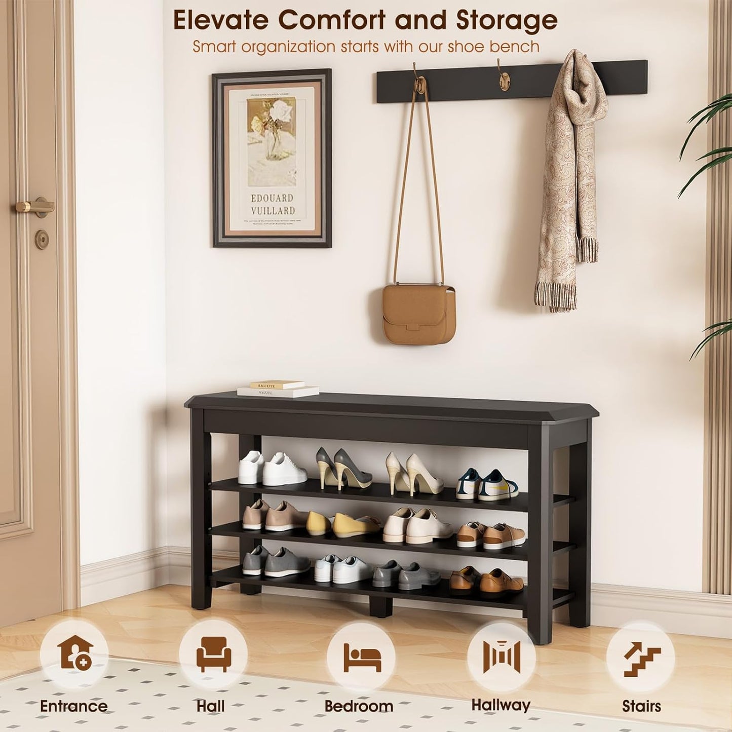 Shoe Rack Bench Seat Rubberwood 3-Tier Wooden Storage Bench 550lbs Compact Mid-Century Modern Design for Entryway, Hallway, Closet, Front Door Entrance, Foyer