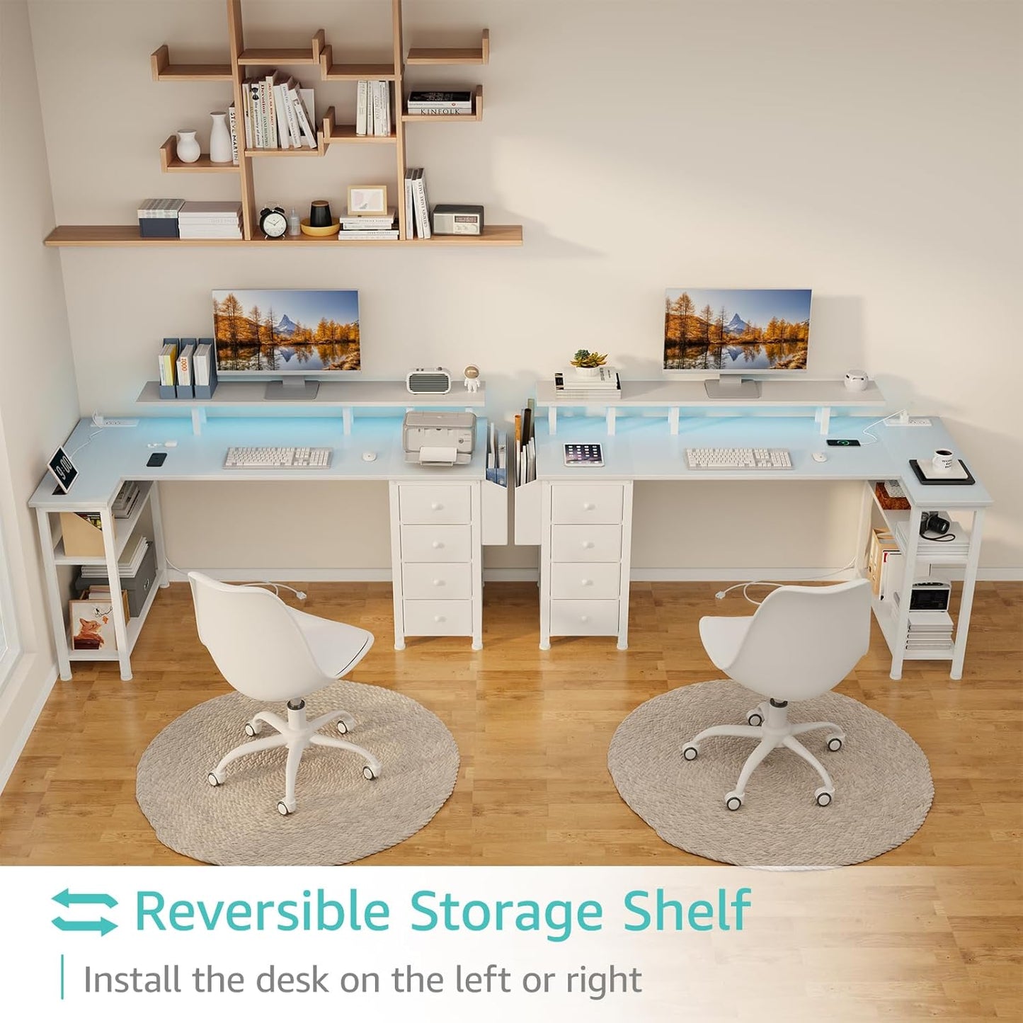 Lufeiya White L Shaped Computer Desk with Fabric Drawers, 55 Inch Corner Home Office Desk with Monitor Stand Shelves, Writing Study Gaming Desks with Led Lights and Power Outlets for Bedroom, White