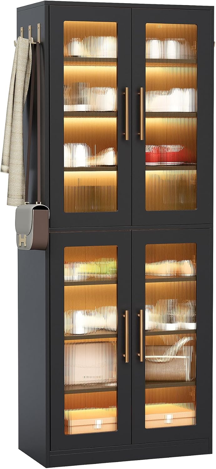 LITTLE TREE Stylish 8-Tier Vertical Shoe Rack with Built-in LED Lighting, Doors for Dust Protection, and Convenient External Hooks, Shoe Cabinet for Entryway, Living Room, Bedroom, Black