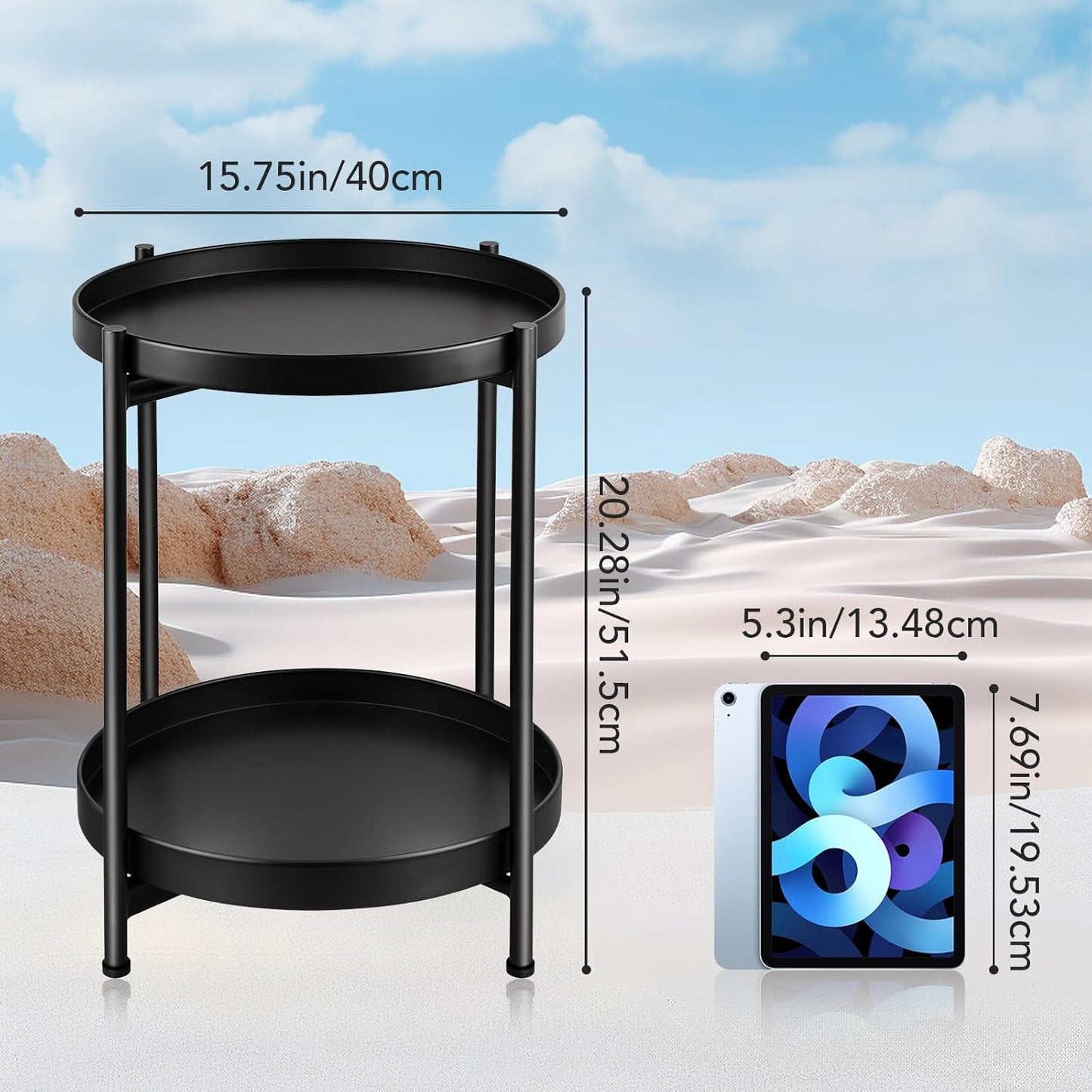 Small Side Table Round for Small Spaces Indoor Outdoor, Mini End Table Metal, 2 Tier Plant Stand Foldable, Bedside Table for Living Room, Bed Side, Sofa Side, Patio, Night Stand 20.5'' Tall, Black
