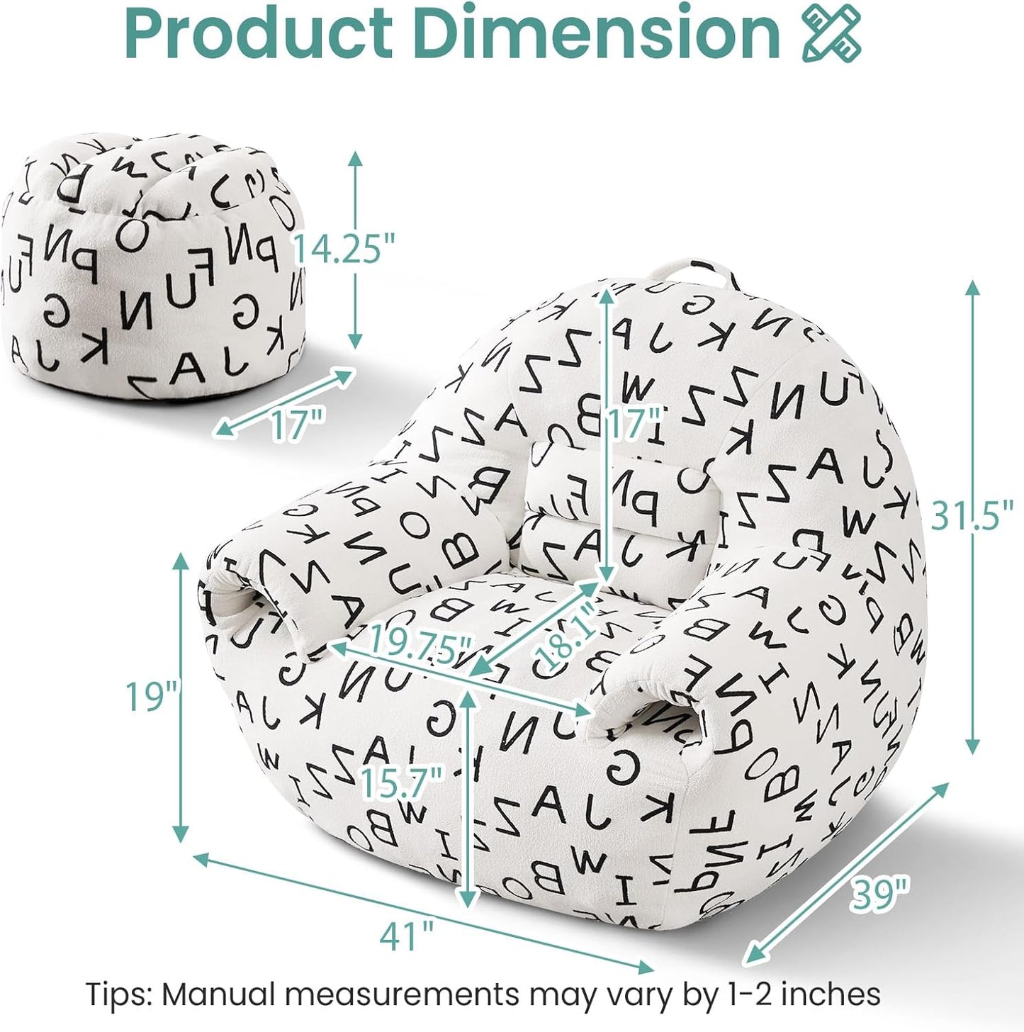 DAICO Bean Bag Chairs for Adults Comfy Accent Chair with Ottoman Floor Sofa Beanbag Couch with Armrests White Single Lazy Sofas with Foam for Living Room Reading Bedroom Gaming (Letter Pattern)