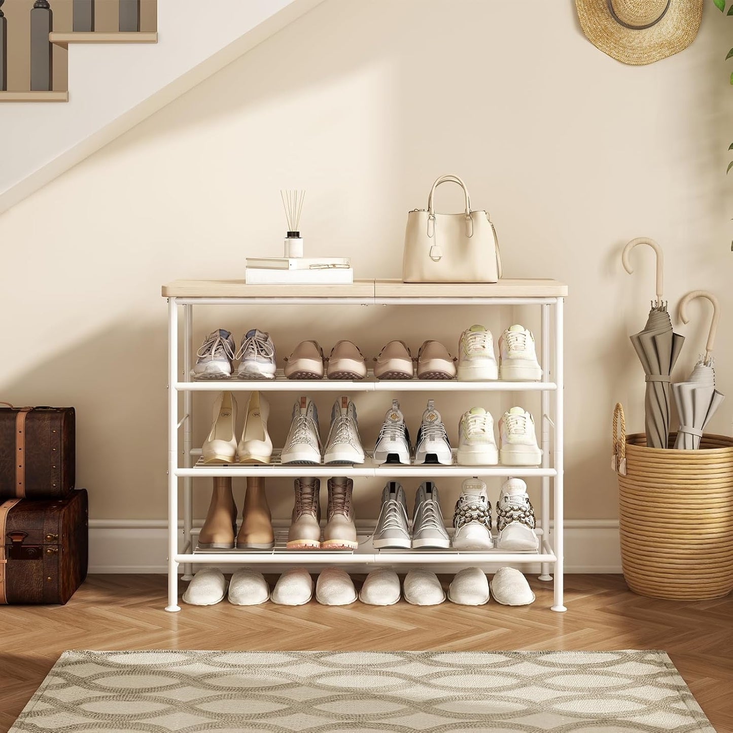 Shoe Rack Organizer 4 Tier for Closet Entryway Free Standing Metal Storage Shoe Shelf with MDF Top Board，White+Oak