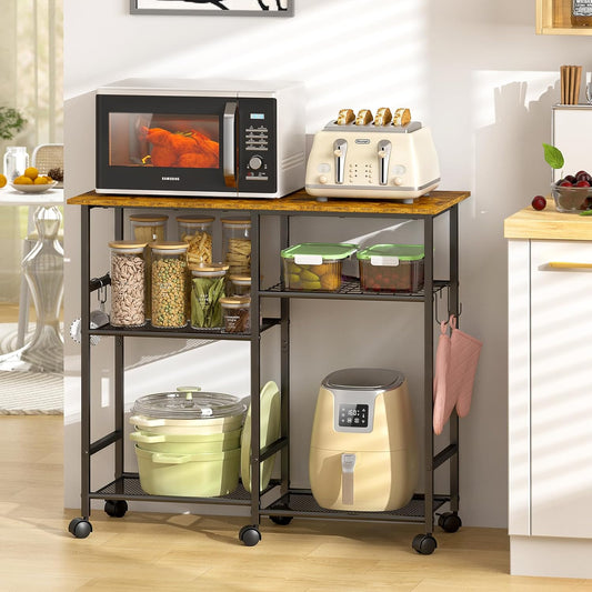 Kitchen Microwave Cart, Microwave Stand with Adjustable Shelf, Coffee Bar Stand Kitchen Baker's Rack with Wheels Rolling Storage Cart Organizer Shelf for Living Room, Office, Balcony