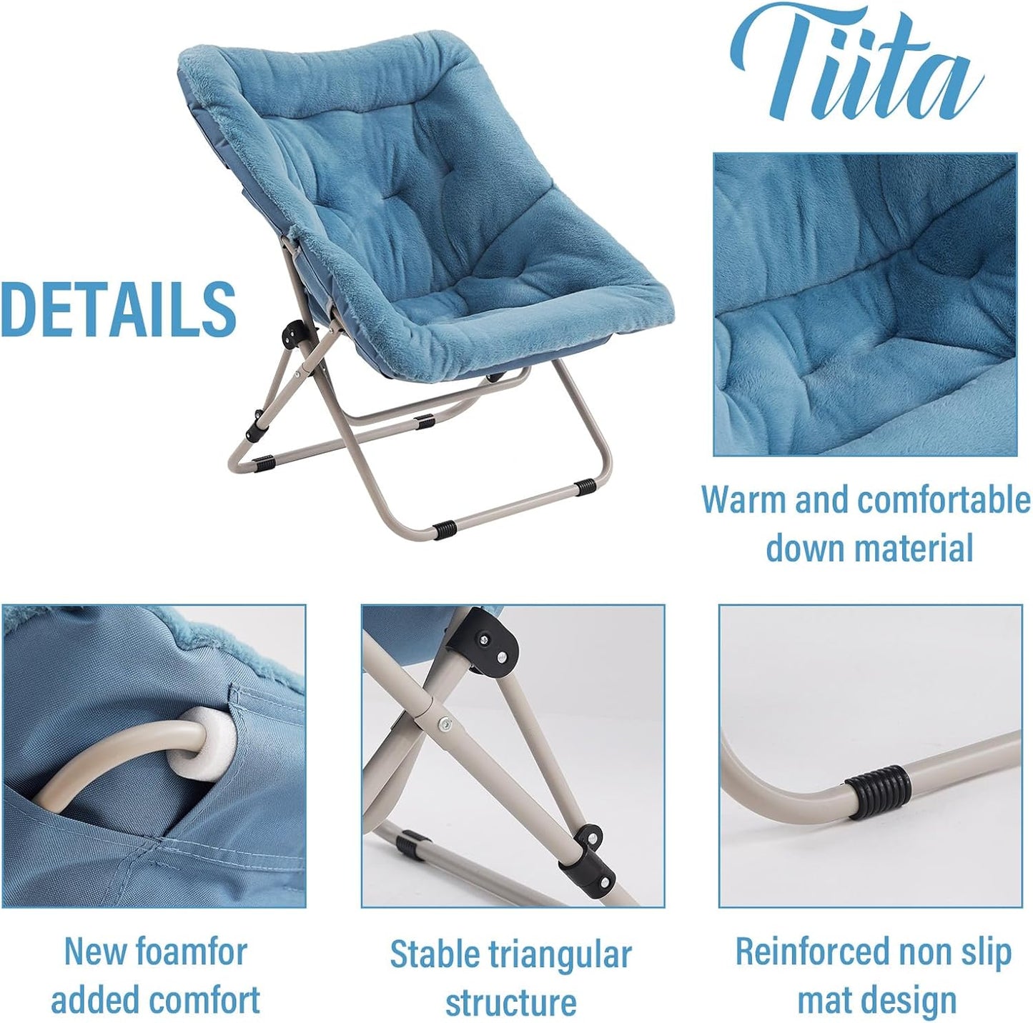 Tiita Folded Chair with Ottoman, Soft Faux Fur Oversized Folding Accent Chair,Lounge Lazy Chair, Metal Frame Moon Chair for Bedroom, Living Room, Dorm Rooms, Garden and Courtyard