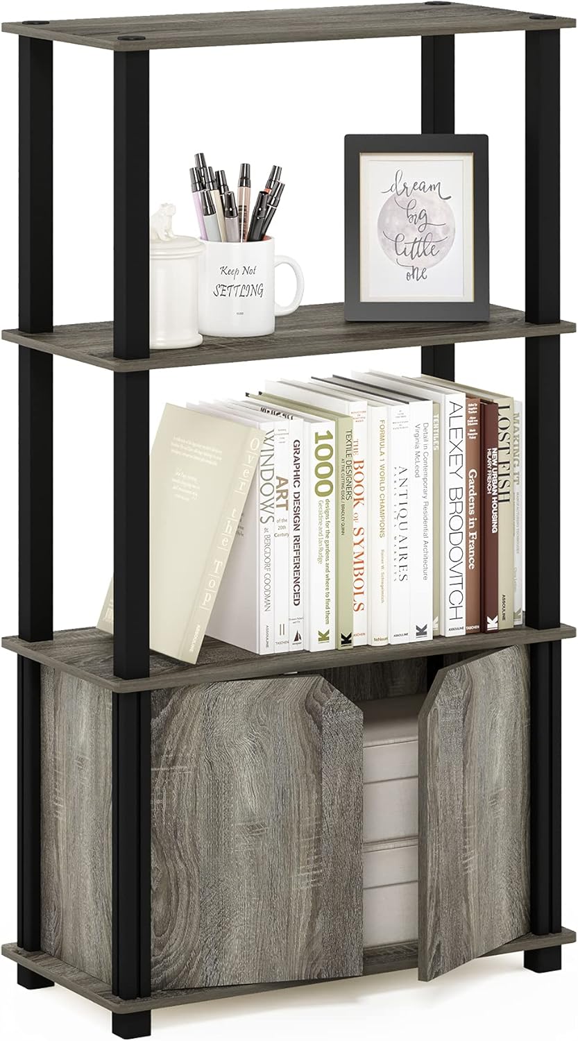 Furinno Brahms 4-Tier Multipurpose Bookcase/Bookshelf/Display Shelf/Display Rack with Door, French Oak Grey/Black