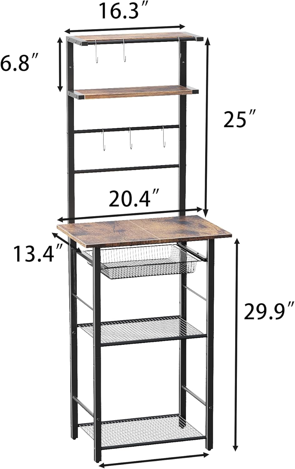 Kitchen Bakers Rack, 6-Tier Microwave Stand with Storage, Multifunctional Coffee Bar with Mesh Basket, Tall Utility Kitchen Storage Shelf, 5 Hooks, Easy Assembly, Rustic Brown