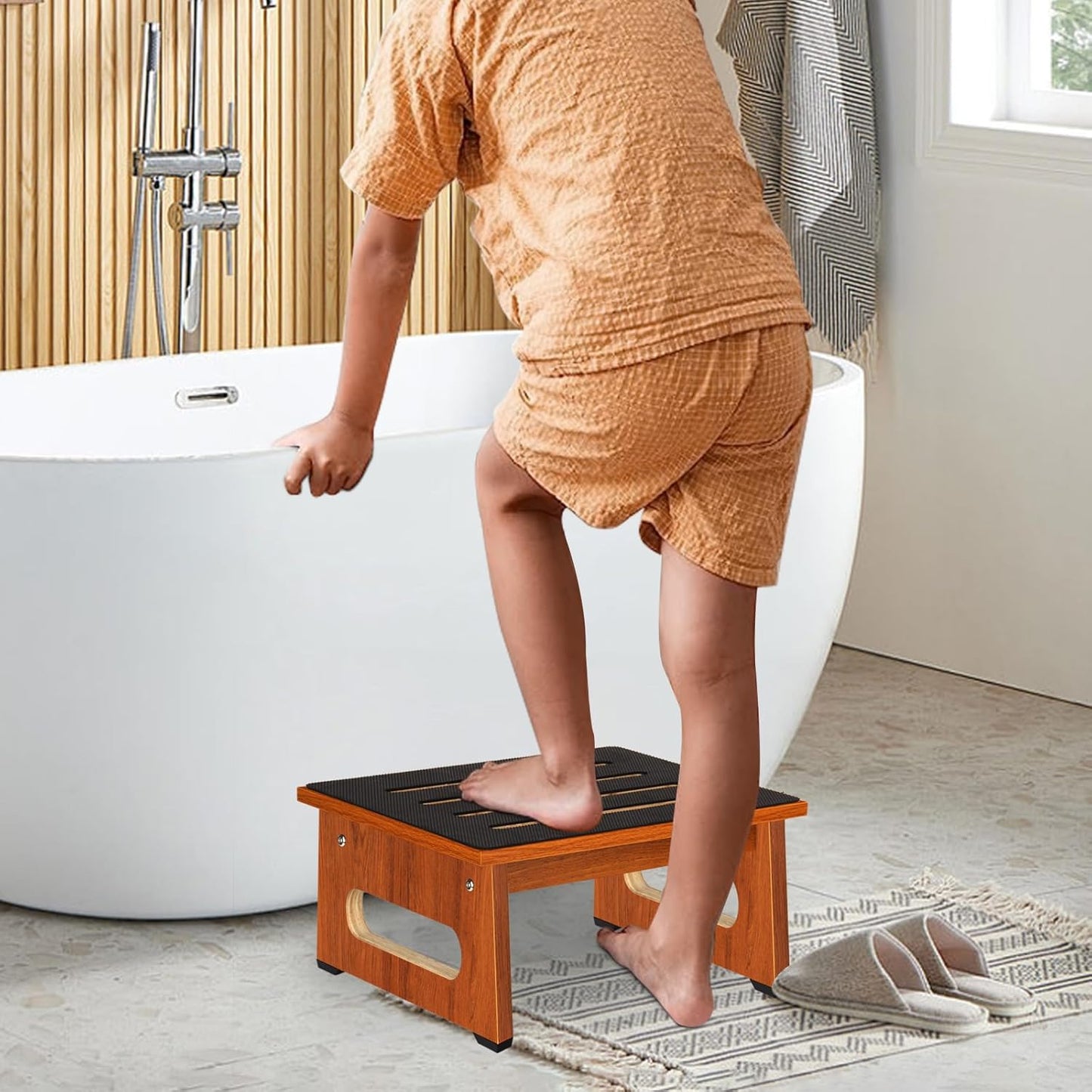 One Step Stool for Bed, Wooden Step Stool with Non-Slip Feet, 450 LBS Capacity Stepping Stool for Adults Seniors, Bedside Steps for High Beds, Bathroom Kitchen Bedroom, Easy to Assemble, Rustic Brown