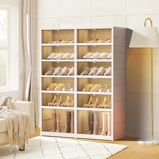 ELPHECO 6 Tier 24 Pairs Foldable Shoe Organizer Shoe rack with Magnetic Clear Doors, Entryway Folding Shoe Shelf, Easy Assembly Sneaker Cabinet, Plastic Shoe Storage Container Bins