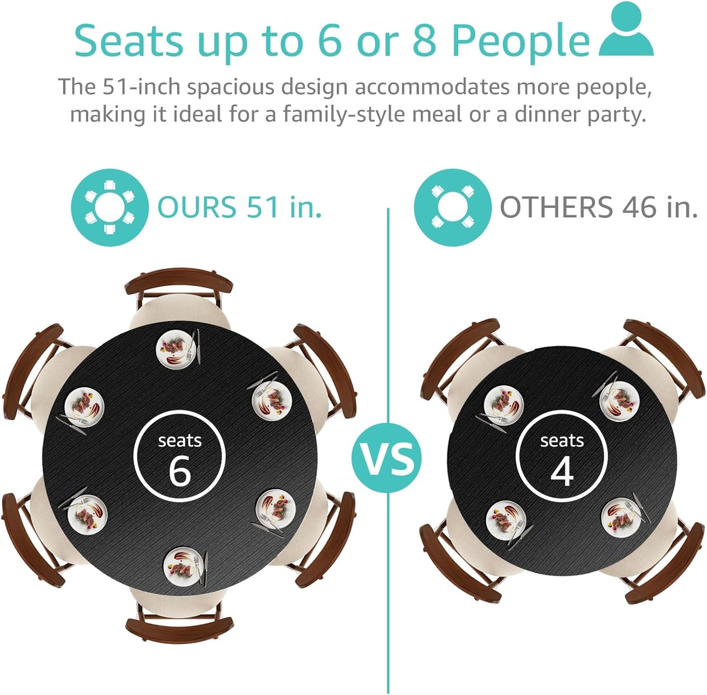 Black Round Dining Table for 6 - Modern Circle 51 Inch Large Room Kitchen Dinning Tables for 4 to 6 Person Seats Small Spaces Wood Dinner Mesa De Comedor Redonda