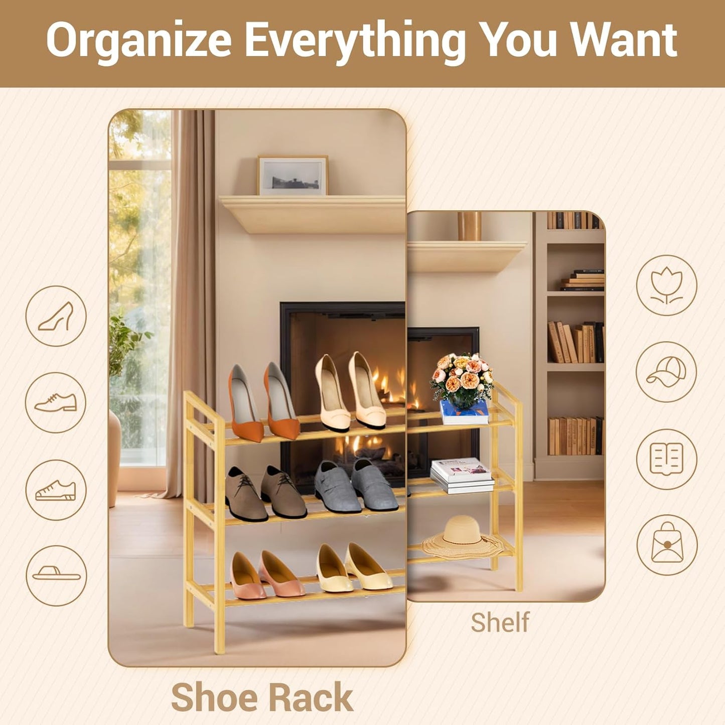 Haddockway Bamboo Shoe Rack for Closet, Free Standing Shoe Organizer with Smooth Round Rods & Convenient Handles, Stackable Shoe Storage Shelf for Entryway, Hallway(Natural, 3-Tier)