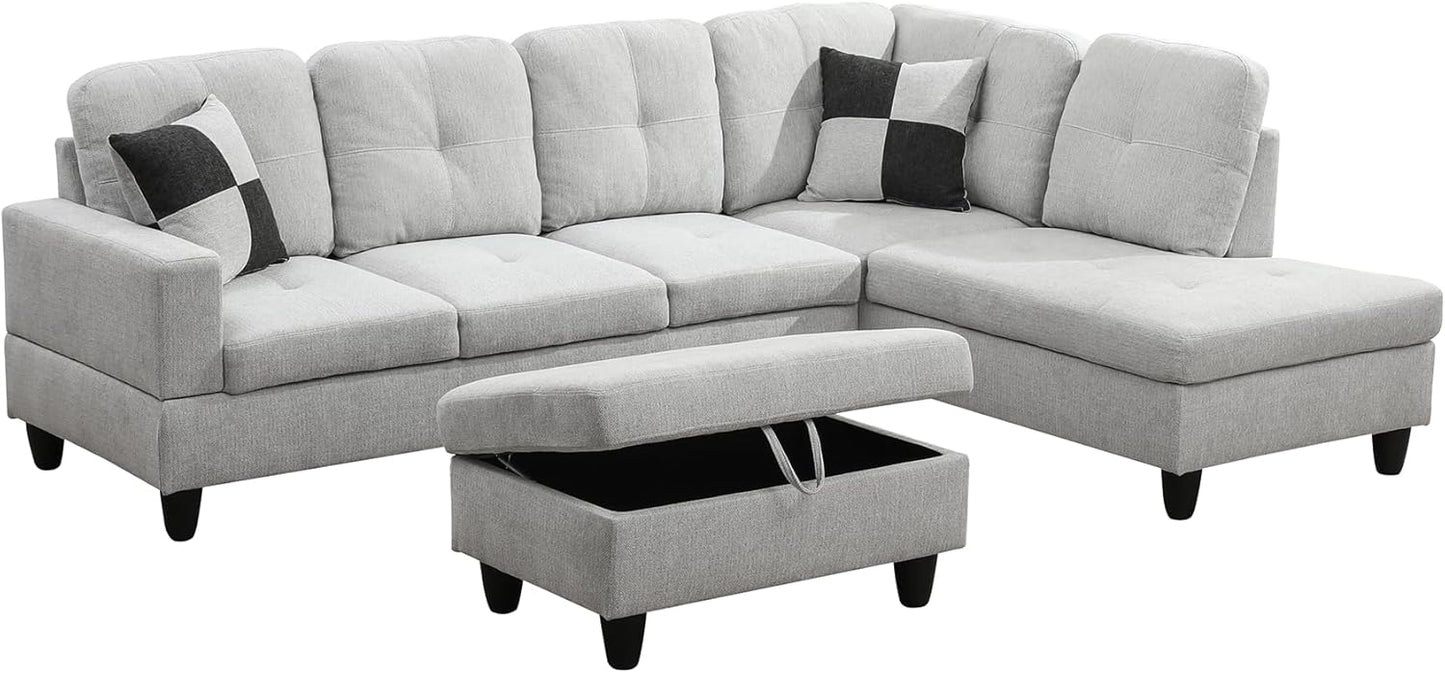 Couches for Living Room Modern L Shaped Couch Comfy Flannel Fabric 3 Pieces Sectional Sofa with Chaise, Ottoman with Storage for Office and Small Apartment, Light Grey