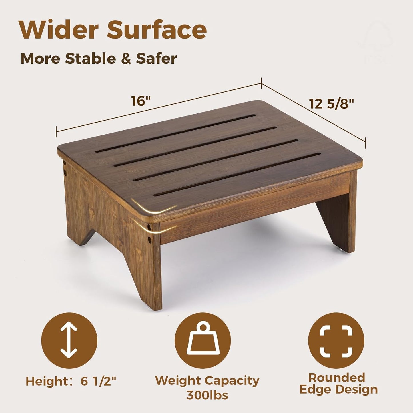 StrongTek Bamboo Bed Step Stool for Adults & Kids – Wide 16" Platform, 300 lbs Capacity, Non-Slip Drainage Surface, 6.5" Height Safe Bedside Stool, Bathroom Shower Step & Office Foot Rest (Brown)