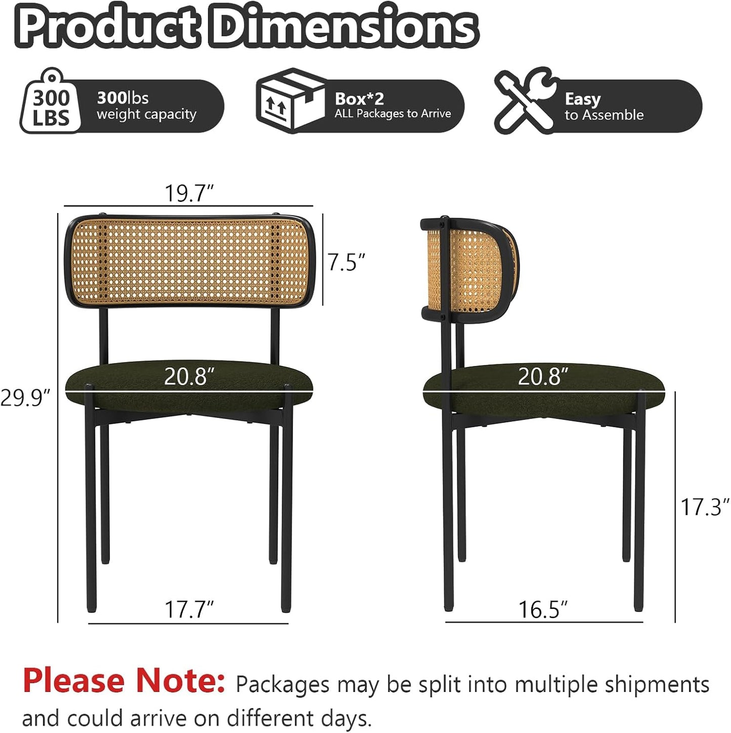 Mid Century Modern Dining Chairs Set of 2 with Rattan Backrest,Velvet Upholstered Accent Kitchen & Dining Room Chairs with Sturdy Metal Frame,Green
