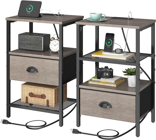 Nightstands Set of 2, Night Stands with Charging Station and Fabric Drawer, Grey Bedside Tables with Drawer, 2- Tier Side Table with Storage, Nightstands with Charging Station,Grey