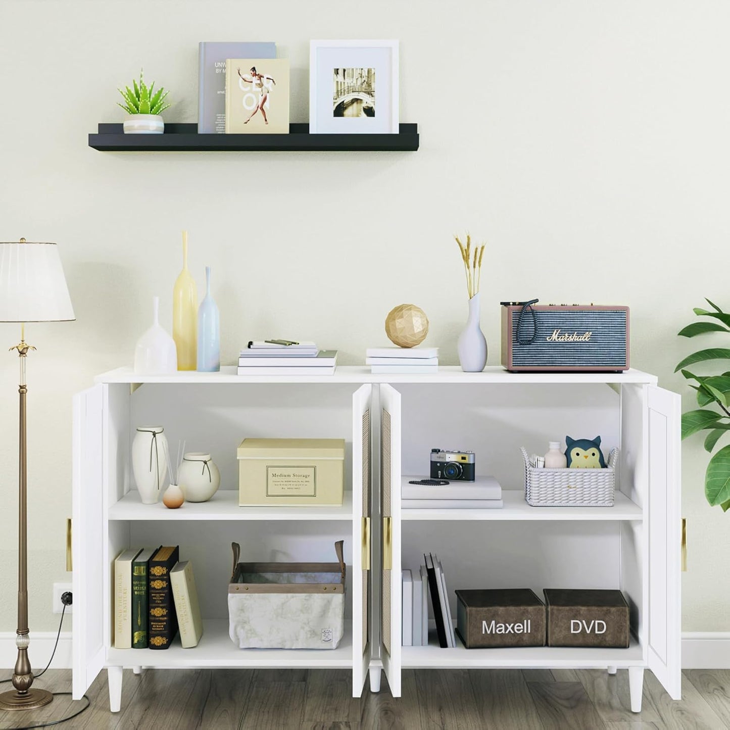 Buffet Sideboard,Kitchen Storage Cabinet with 4 Rattan Decorated Doors,Coffee Bar Cabinet with Adjustable Shelves for Living Room,Hallway,White
