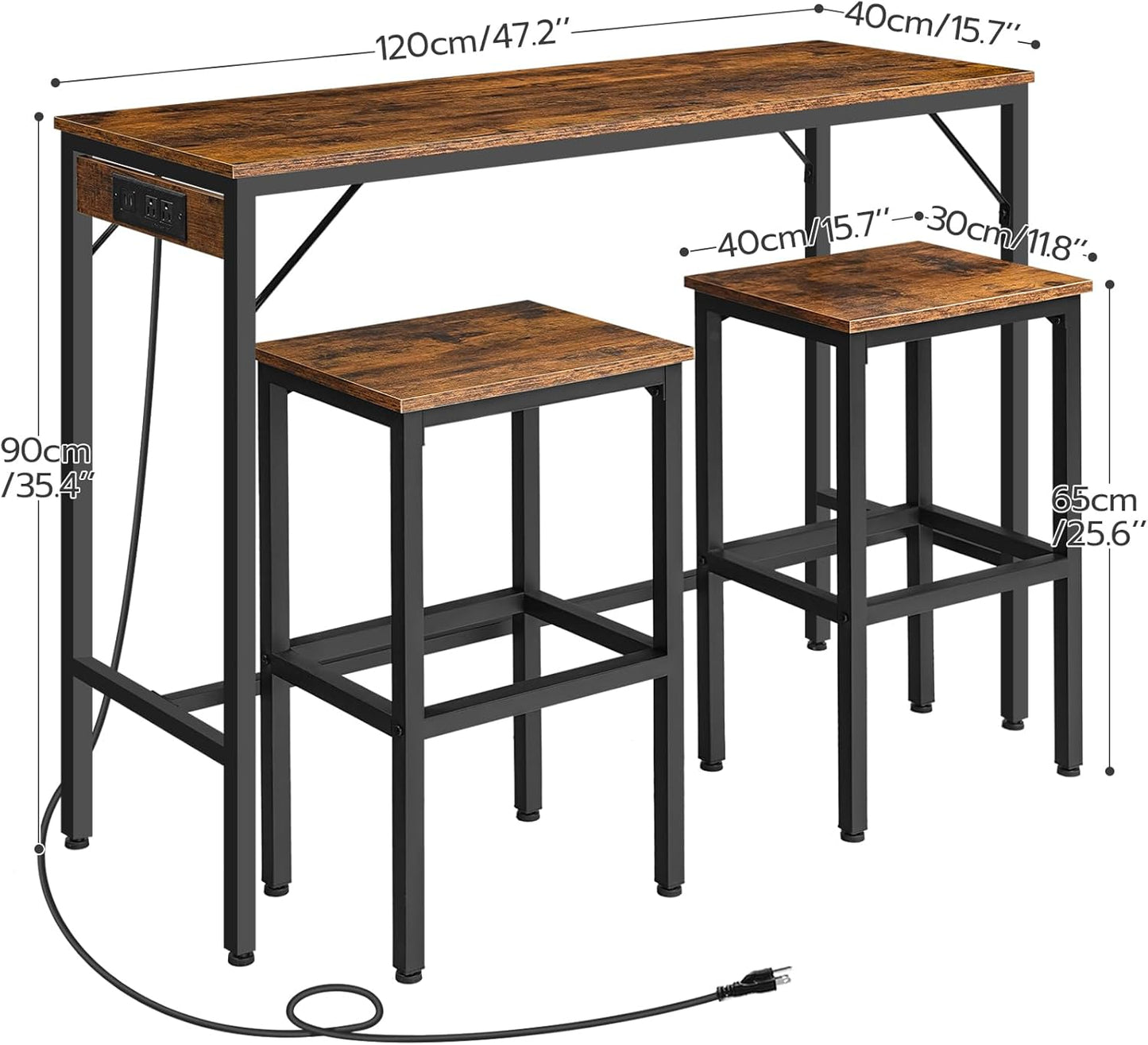 HOOBRO Bar Table and Chairs Set, 47.2" Dining Table Set with Power Outlet, 3-Piece Pub Table Set, Kitchen Bar Height Table with Stools of 2, Space Saving for Living Room, Rustic Brown BF46UBT01