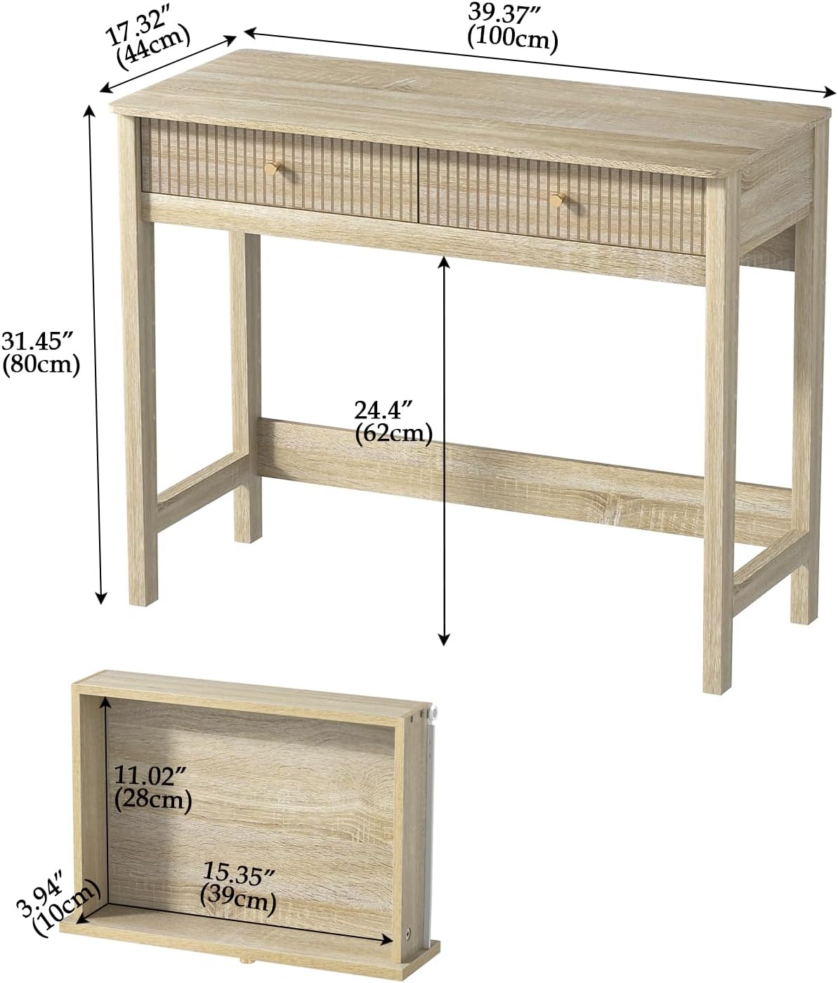 Fluted Writing Desk with Drawers, Makeup Vanity Desk for Bedroom, 40 Inch Home Office Computer Desk with Storage Drawers, Small Console Table