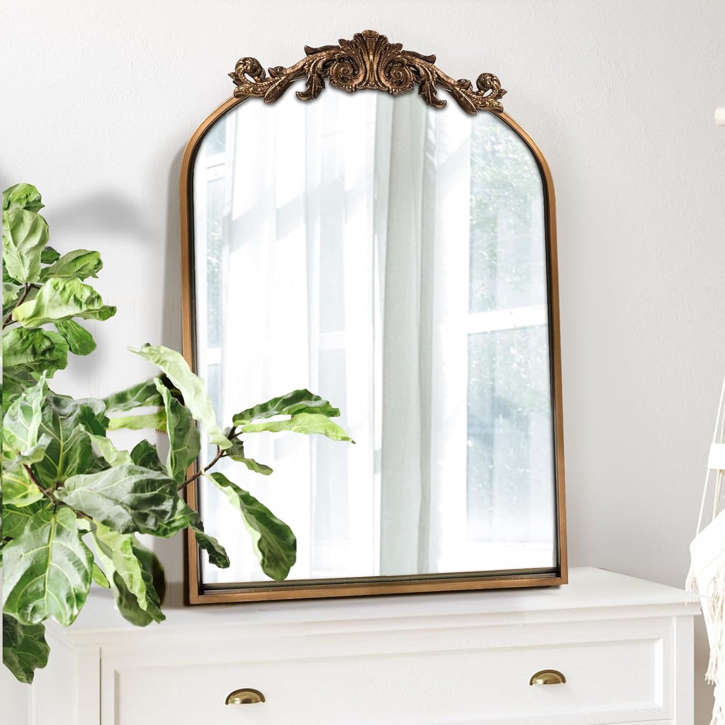 WAMIRRO Antique Mirror,Gold Traditional Vintage Ornate Baroque Arched Brass Wall Mounted Mirrors for Entryway/Fireplace/Living Room/Hallway/Bathroom 19"X27"