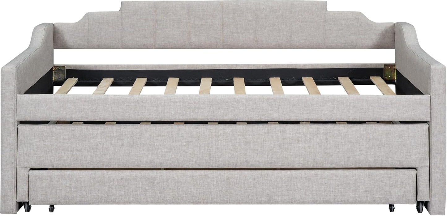 Twin Size Upholstered Daybed with Trundle and Three Lower Drawers,Linen Sofa Bed for Apartment Living Room Guest Room,Solid Wood Trundle Day Bed Frame, No Box Spring Needed,Beige