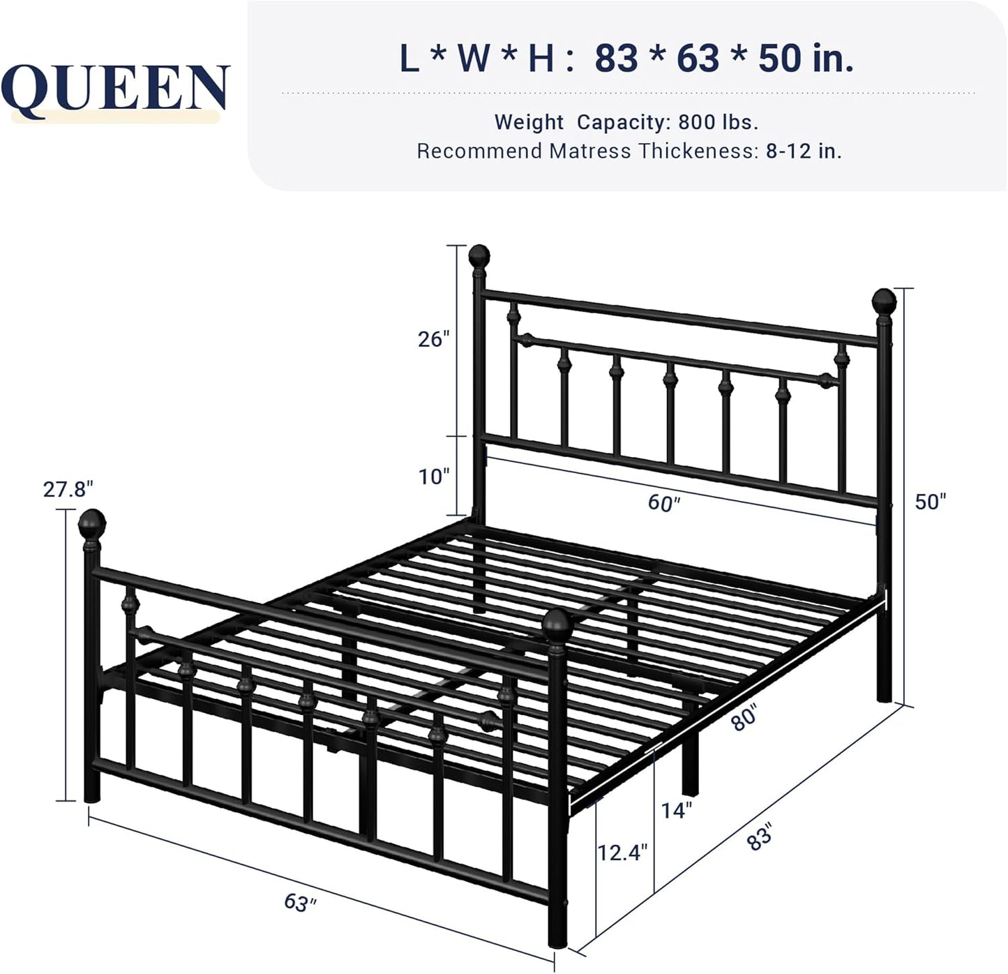 Allewie 14 Inch Queen Size Metal Platform Bed Frame with Victorian Vintage Headboard and Footboard/Mattress Foundation/Under Bed Storage/No Box Spring Needed/Easy Assembly/Noise Free/Black