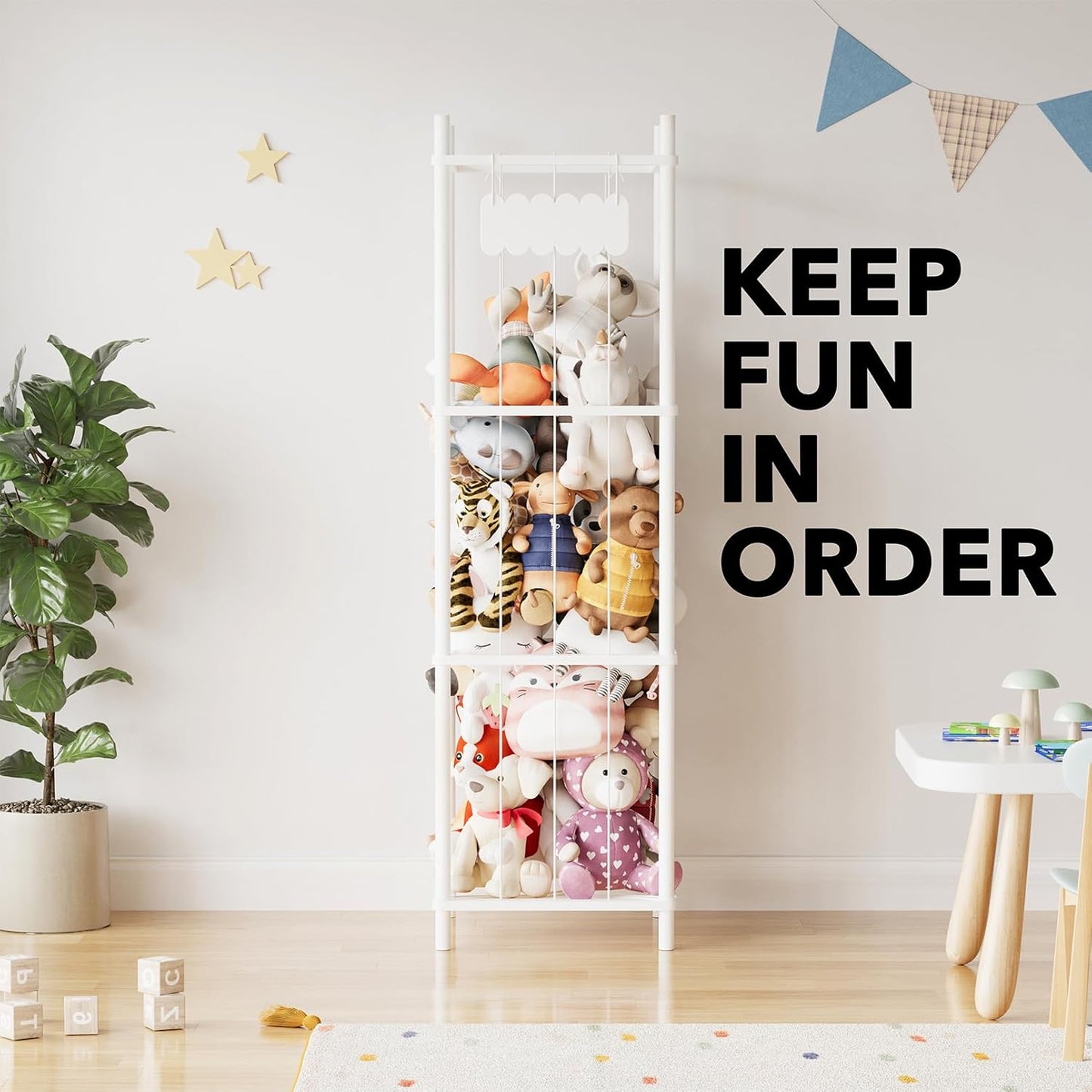 SpaceAid Stuffed Animal Storage Organizer, Wood Animals Zoo Toy Plushies Storage Holder, Large Capacity Plush Toy Cage for Playroom Organization, 15.8" Wide, White