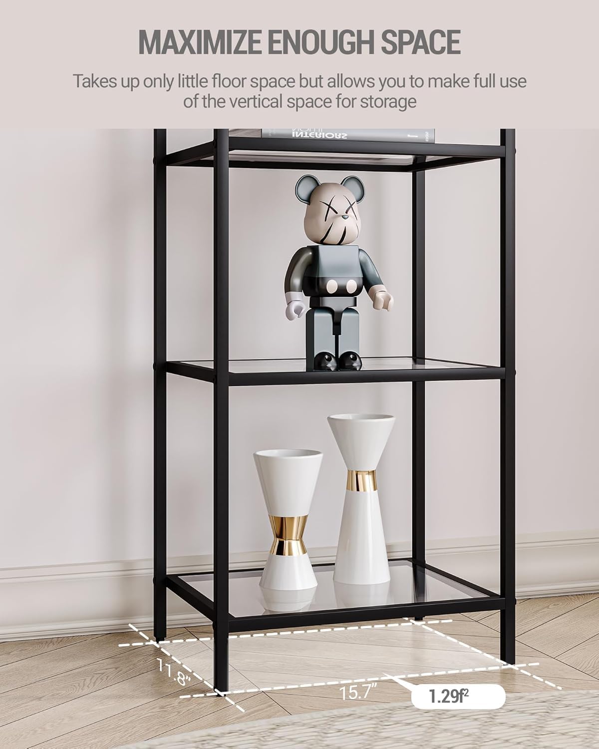 Bookcase Bookshelf, Tempered Glass Bookshelves, Slim Shelving Unit for Bedroom, Bathroom, Home Office, Steel Frame, 5 Tier Black BC05001B