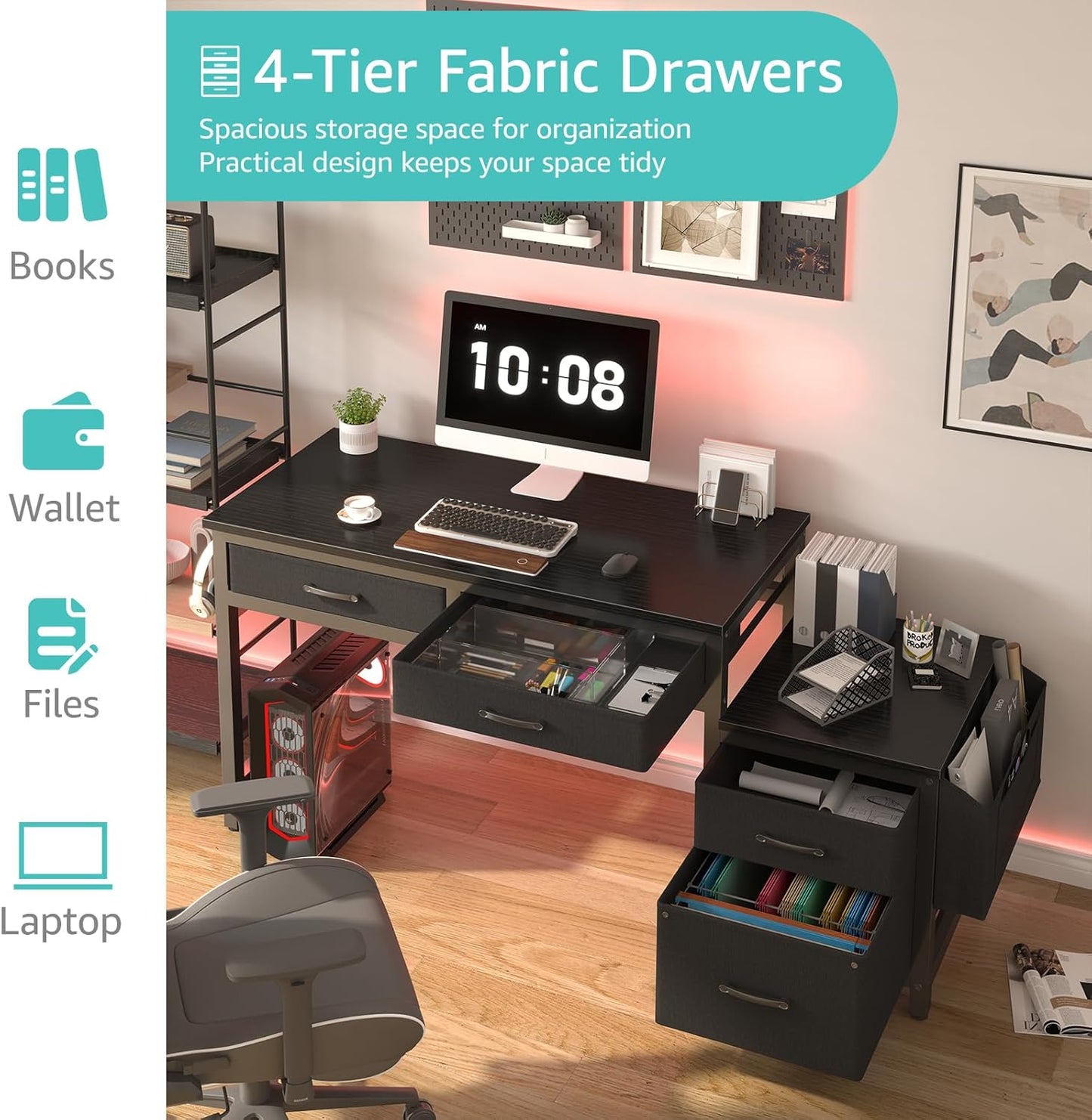 Lufeiya Gaming Desk with Fabric File Drawers Cabinet, 57 Inch Home Office Desks with Reversible Filing Cabinet Printer Stand for Small Space, Study Writing Table PC Computer Desks for Bedroom, Black