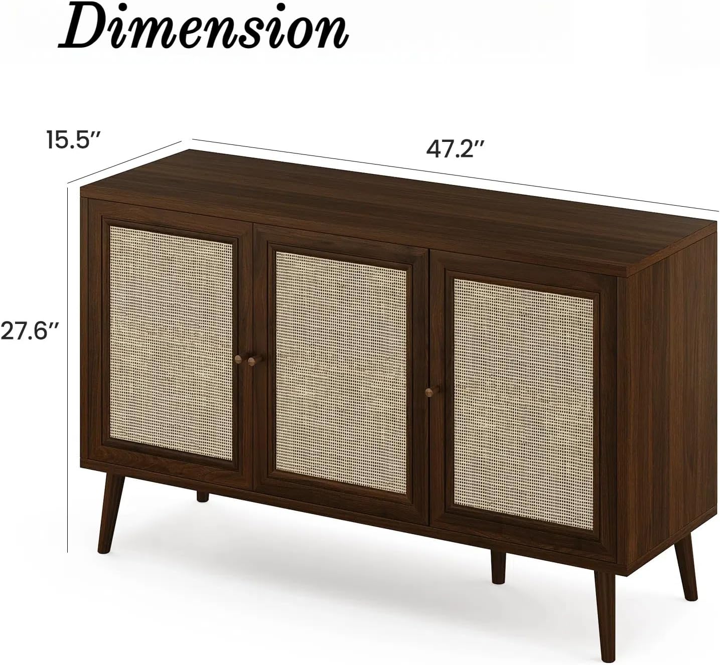 Rattan Entryway Table, Entertainment Center with Adjustable Shelf, Sideboard Buffet Cabinet with 3 Rattan Doors, Modern Console Cabinet with Large Storage for Living Room, Kitchen, Dark Brown