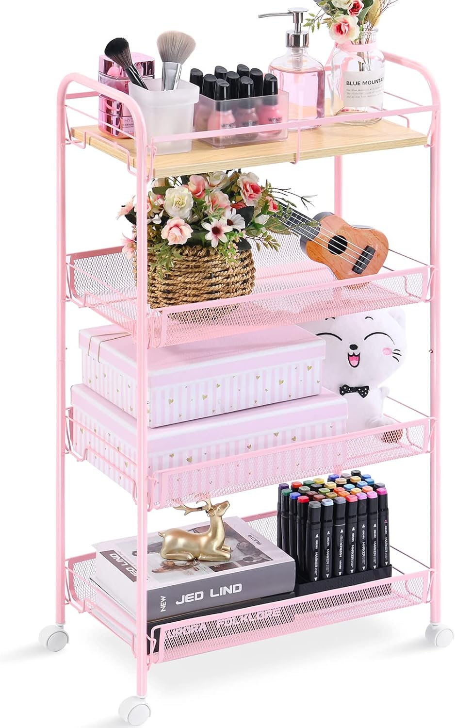 KINGRACK 4-Tier Metal Rolling Utility Cart, Pink, Flexible, Sturdy, Easy Assembly, Anti-Rust, Waterproof, Scratch-Resistant, Breathable Mesh Basket, Ideal for Home Storage