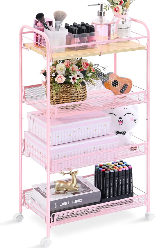 KINGRACK 4-Tier Metal Rolling Utility Cart, Pink, Flexible, Sturdy, Easy Assembly, Anti-Rust, Waterproof, Scratch-Resistant, Breathable Mesh Basket, Ideal for Home Storage