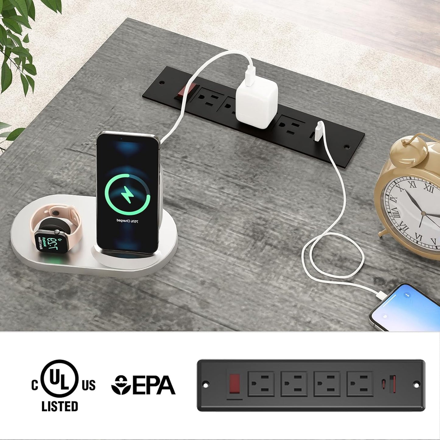 Farmhouse 47" Executive Desk, Computer Desk with 2 Drawers and Storage Cabinet, Home Office Desk with Hutch, Charging Hub, Workspace for Work and Study, Gray