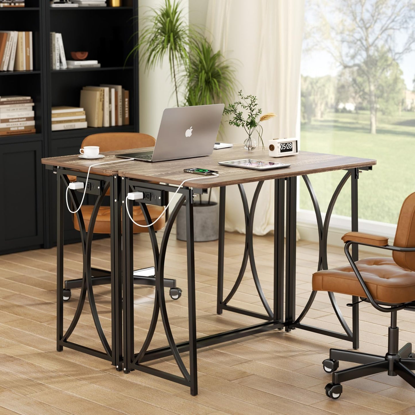 Small Desk, 31.5" Folding Table for Bedroom with Power Outlet, Space Saving Folding Computer Desk for Home Office, Easy Assembly, Light Brown