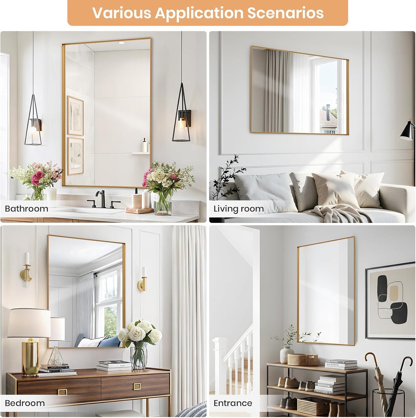 Melodieux Wall Vanity Bathroom Mirror for Over Sink, 24"x36" Rounded Rectangle Metal Deep Frame Wall Mounted Mirror Wall Decor for Living Room Hallway, Gold