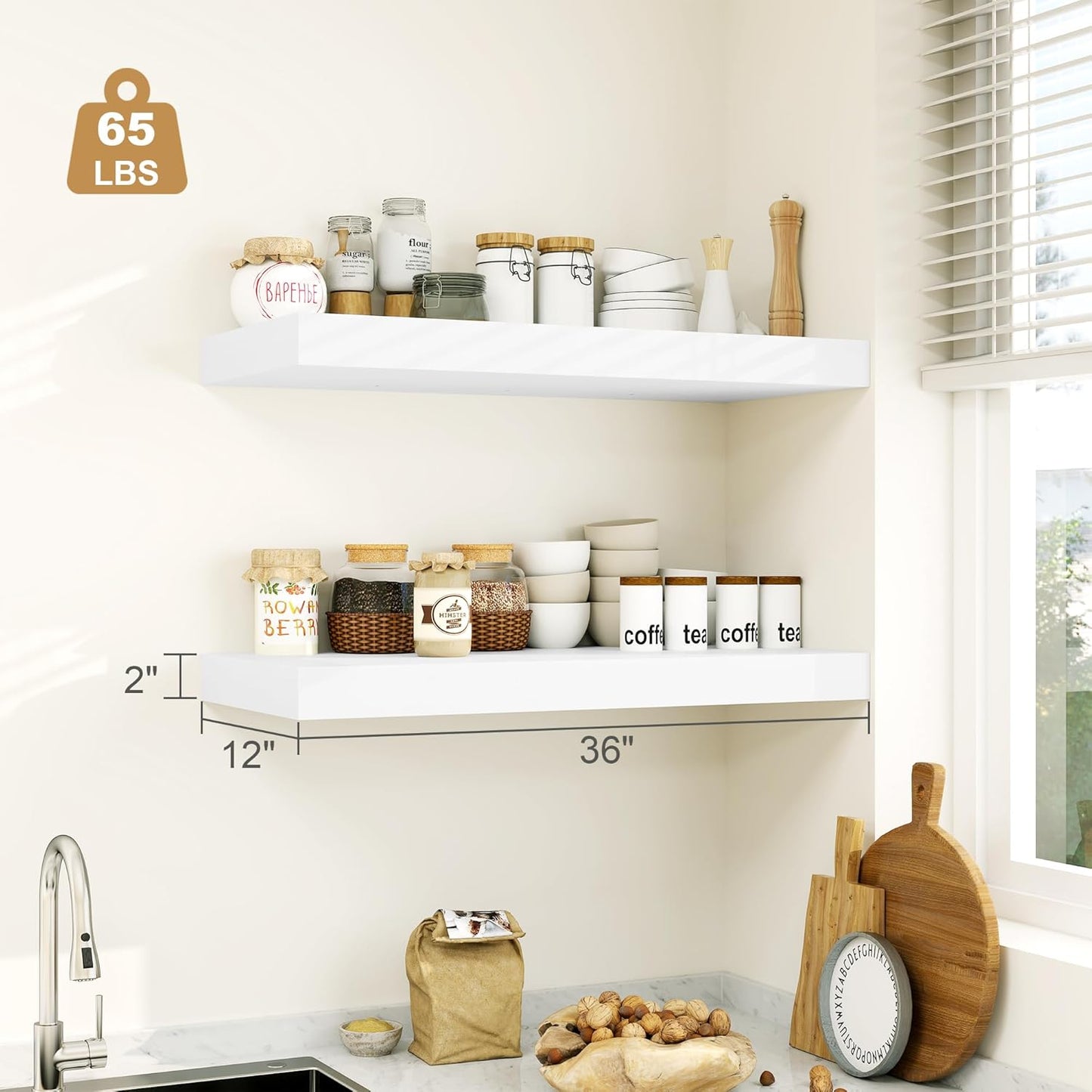 12" Deep White Floating Shelves,Over Toilet Long Wall Mounted Modern Farmhouse 36 inches,Wall Shelves with Invisible Brackets for Bedroom, Bathroom, Living Room, Kitchen, Set of 1