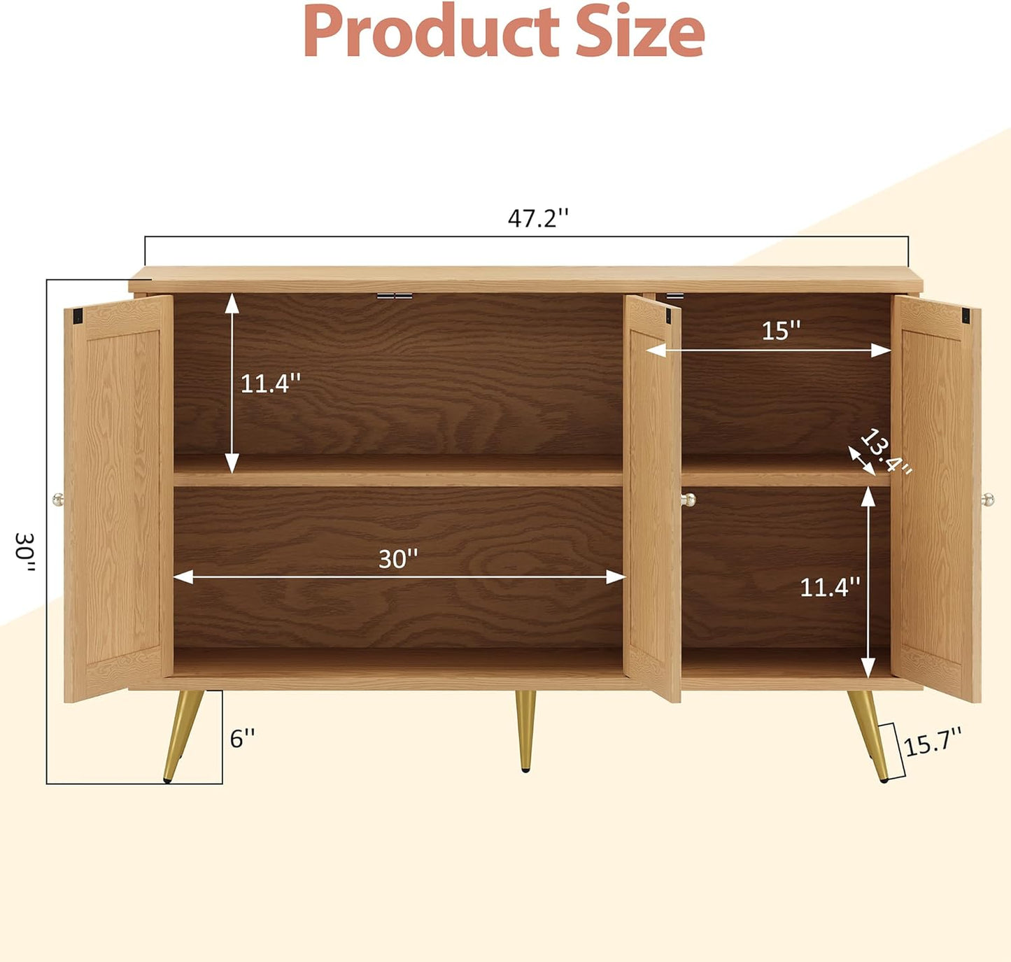 Shintenchi Large Rattan Storage Cabinet, Modern Sideboard Cabinet, Accent Large Storage Space Cabinet with Rattan Decorated Doors for Living Room, Dining Room