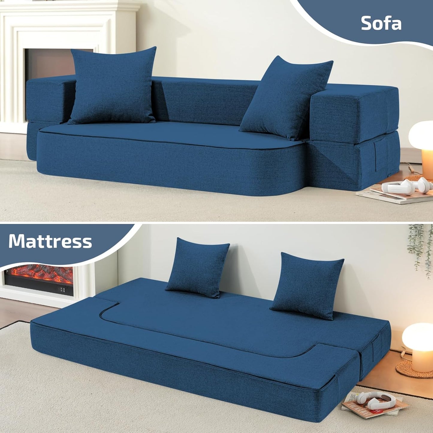 2-in-1 Folding Sofa Bed with Pillows - Folding Chair Floor Couch & Sleeping Mattress - Washable Cover & Memory Foam Sleeper Chair for Living Room/Guest Room/Apartment/Loft, Navy Blue, Twin