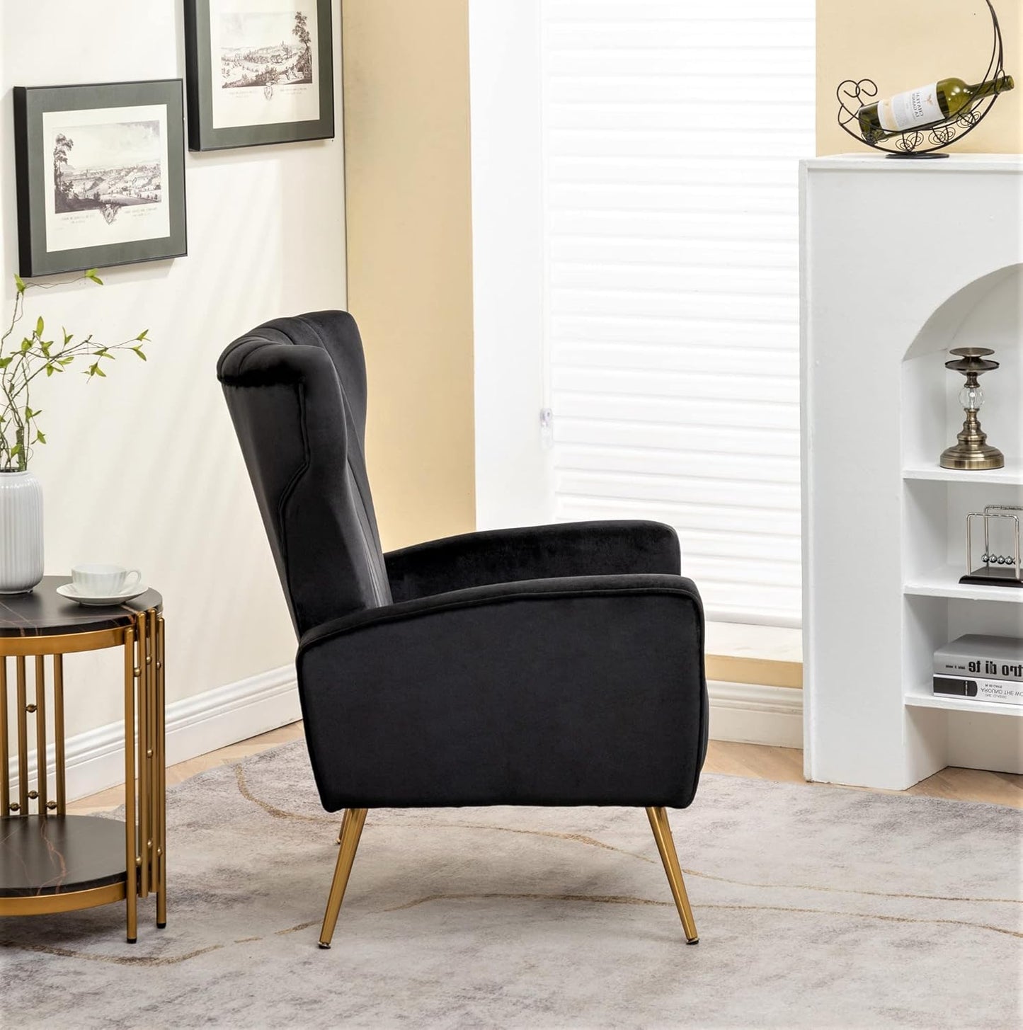 Container Furniture Direct Modern Velvet Accent Chair, Channel Tufted Bedroom, Office or Living Room Furniture with Elegant Metal Legs, 26" Wide Armchair, Black