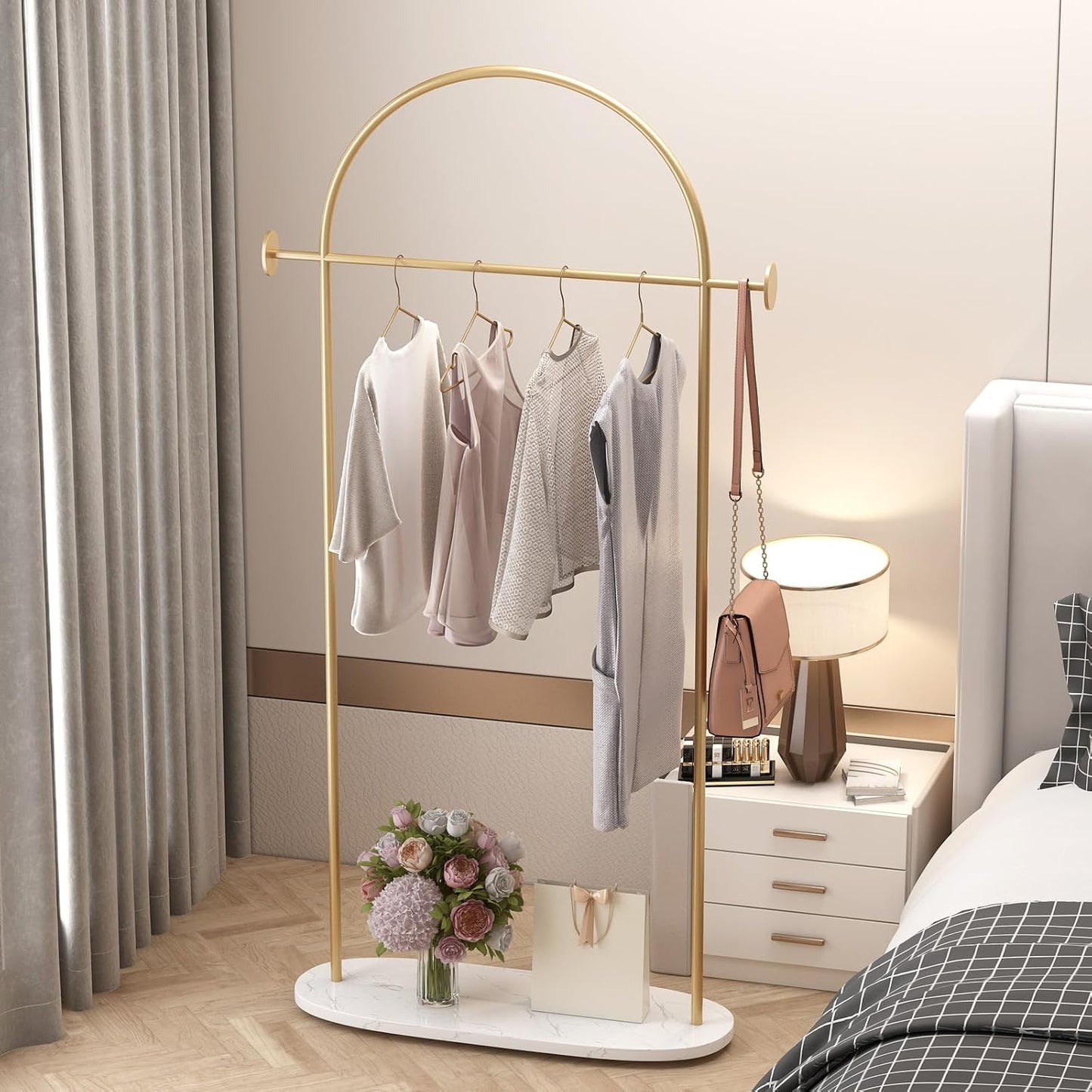 Gold Clothing Rack, Modern Clothes Rack with Shelf, Heavy Duty Freestanding Coat Rack, Metal Coat Hanger Stand with Hooks for Boutique Office