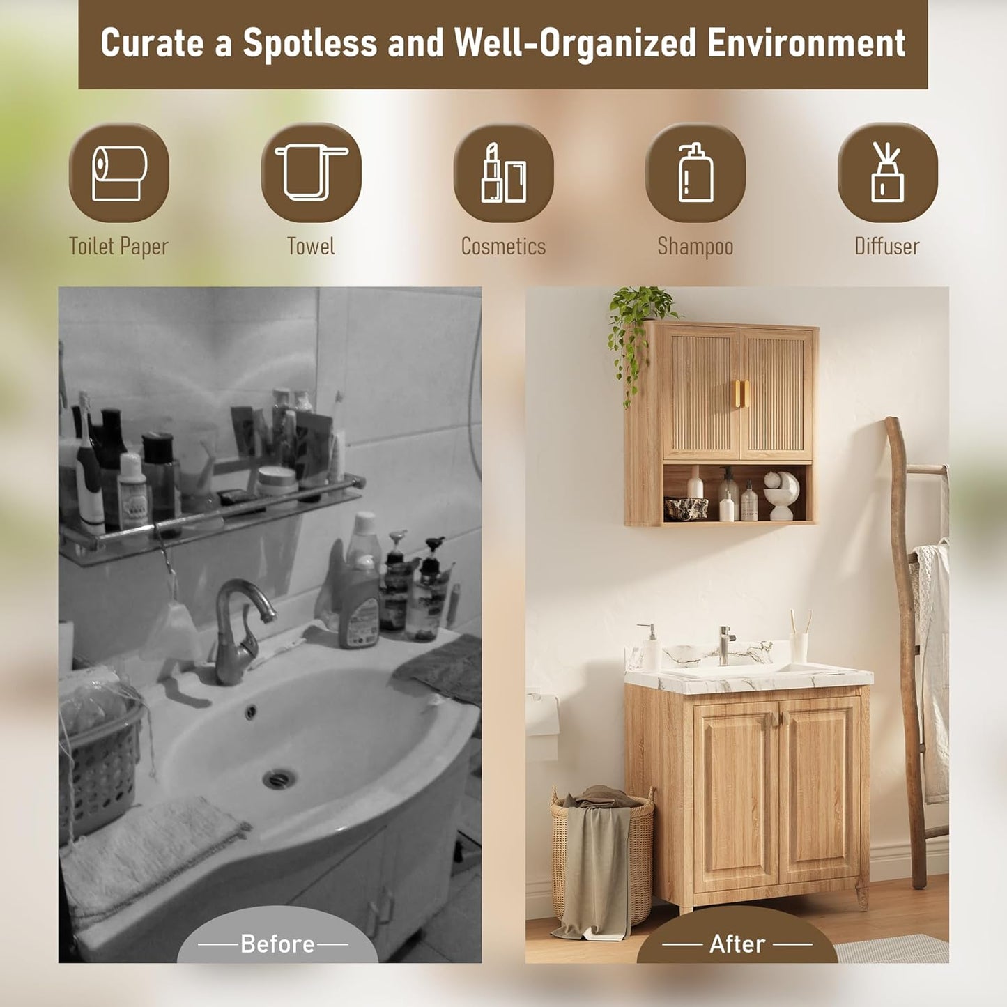 Bathroom Storage Cabinet, Medicine Cabinet with Adjustable Wood Shelf & Doors, Over The Toilet Storage Cabinet for Laundry Room & Kitchen & Living Room (Natural Oak)