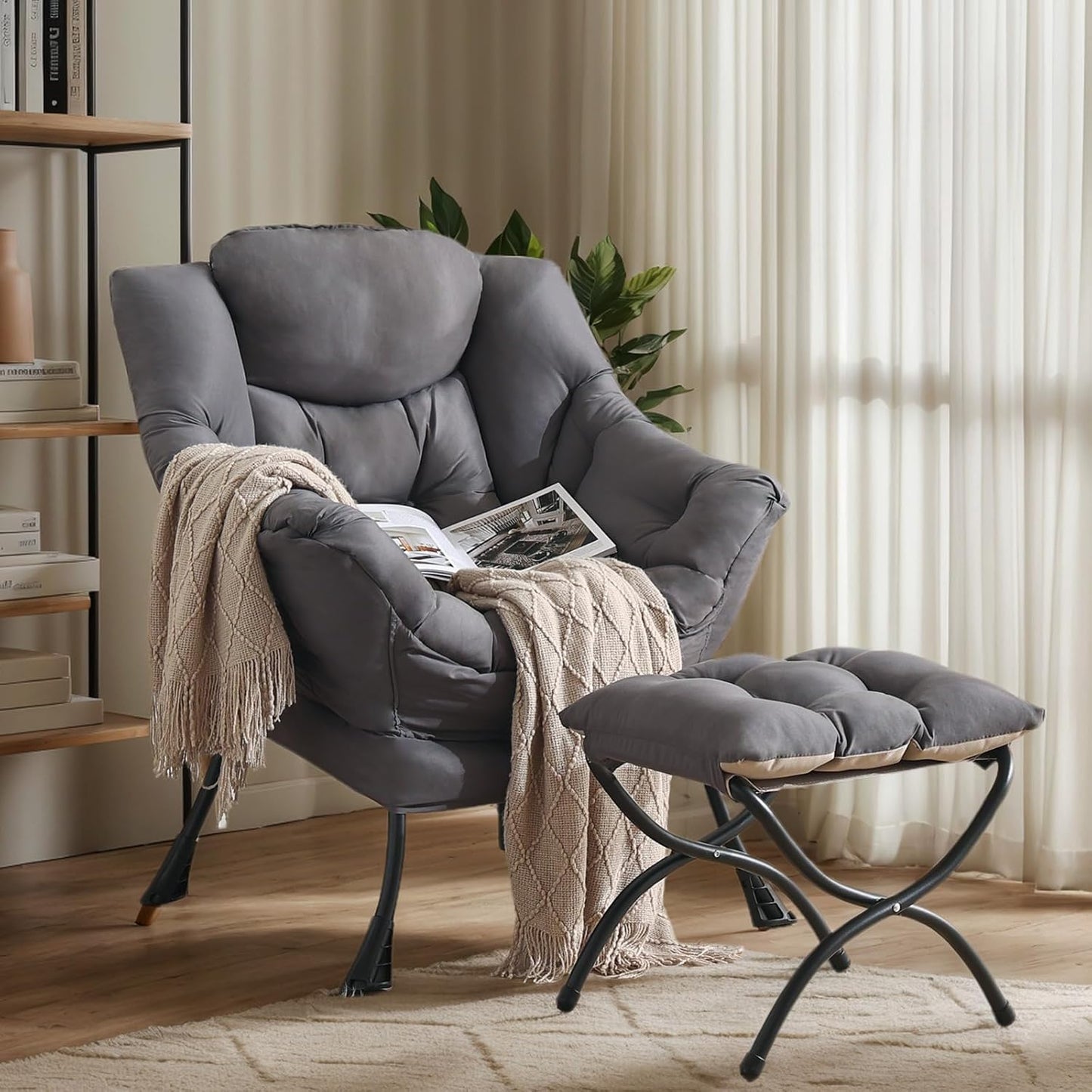 Lazy Chair with Ottoman, Reading Armchair with Armrests and Footrest, Large Modern Lounge Accent Chair with Ottoman, Leisure Sofa Chair for Living Room, Bedroom, Dorm Room (Dark Grey)